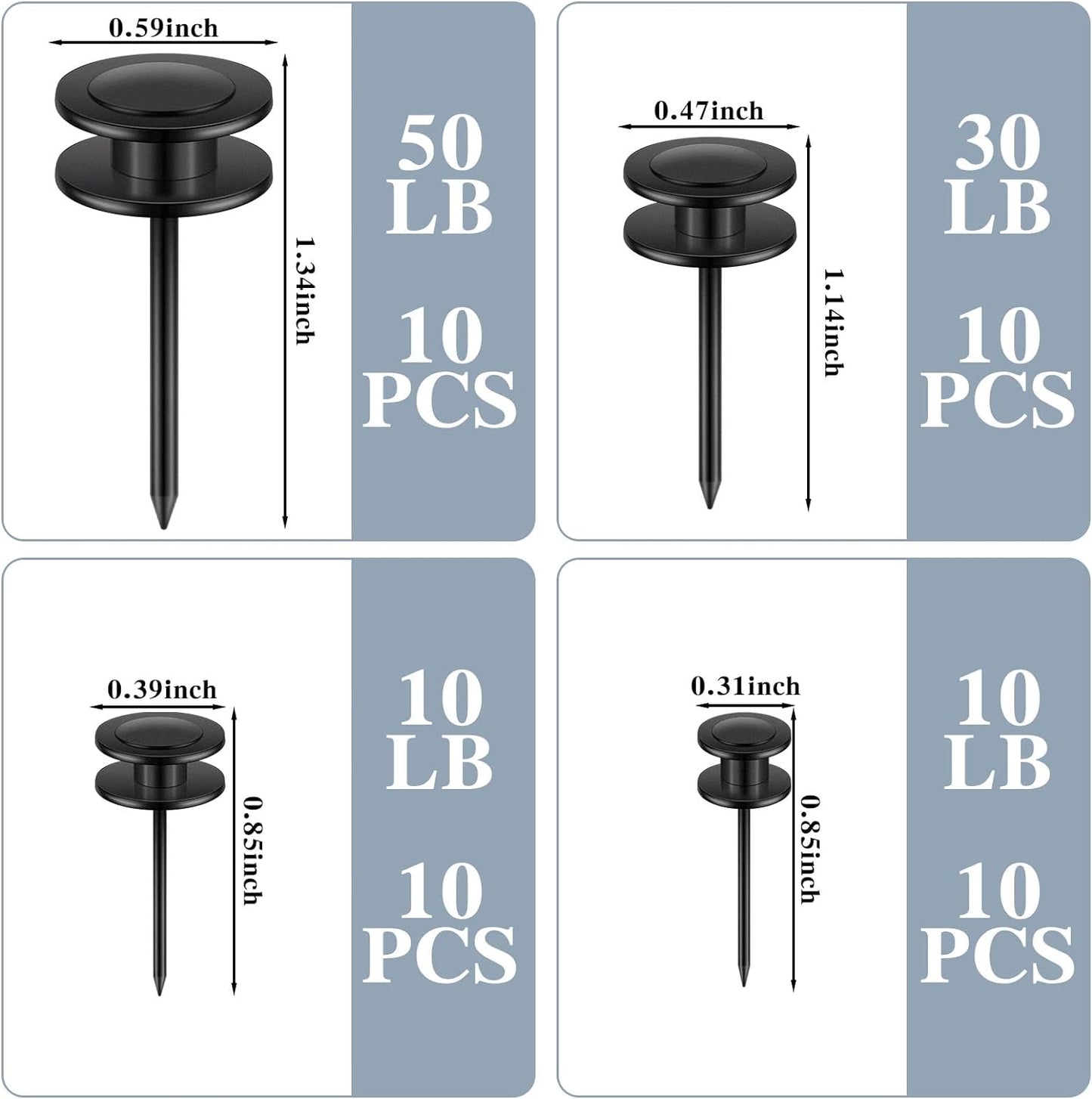 Ferraycle 40 Piece Double Headed Picture Hangers Nails 4 Size Long Thumb Tacks for Wall Hanging Decorative Nails Push Pins Picture Hooks for Drywall Photo Decor, 10/20/ 30/ 50lb(Black)