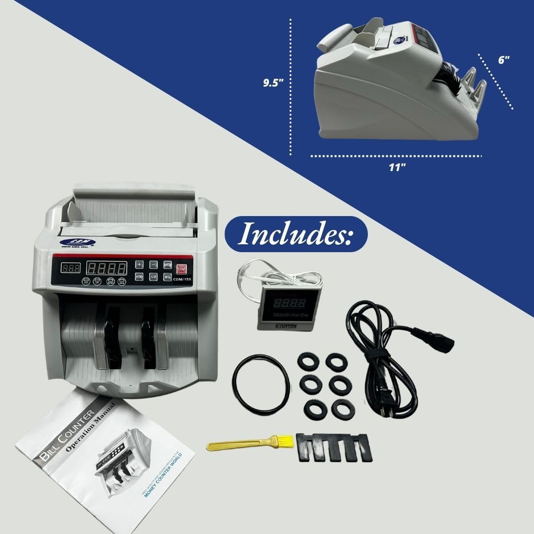 CDM-155 Advanced Money Counter Machine with UV/MG/DD/DBL/HLF/CHN Counterfeit Detection - Add and Batch Modes - Fast and Accurate Cash Counter