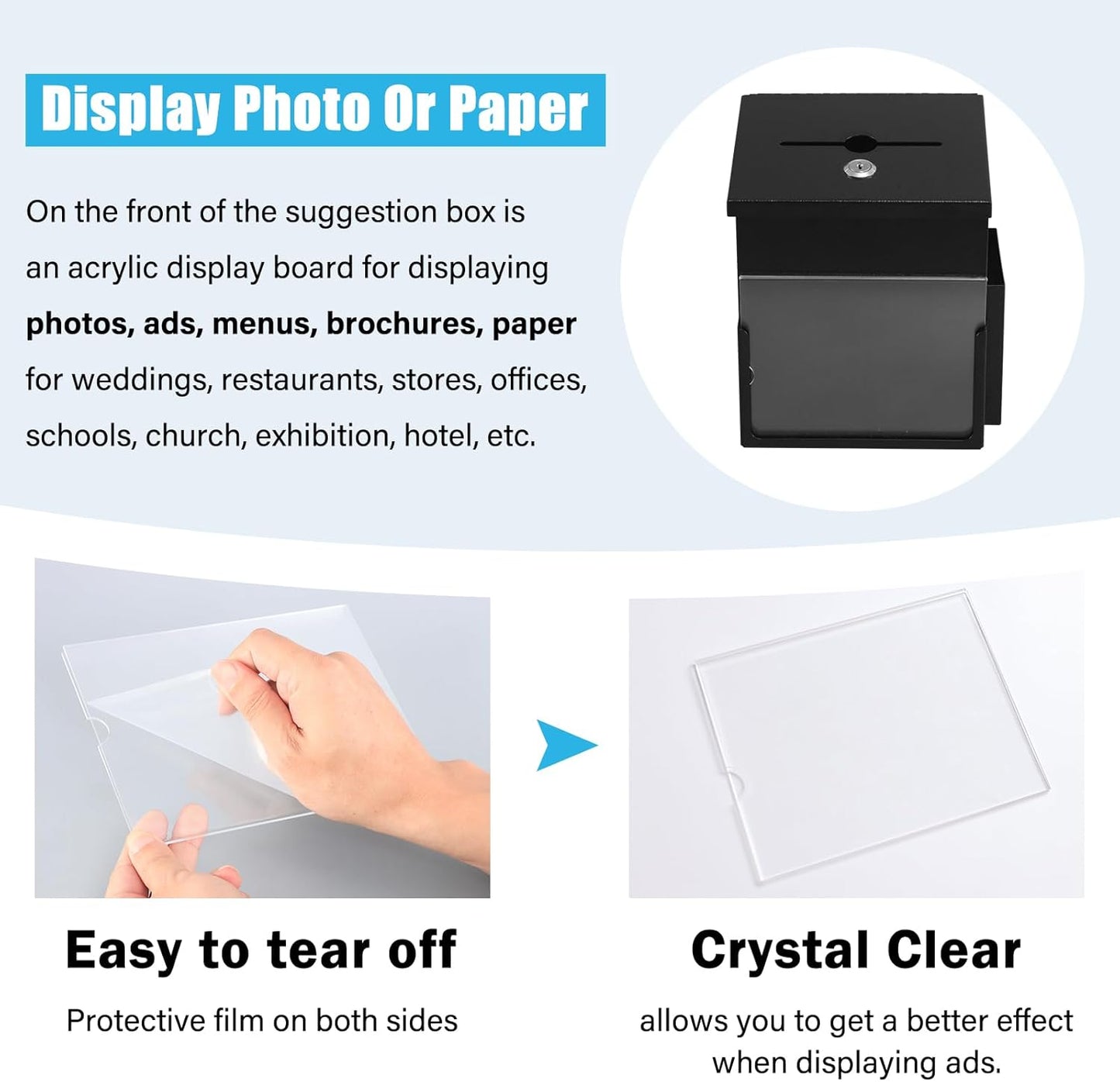 xydled Suggestion Box with Key Lock Acrylic Sign Holder, Metal Donation Ballot Drop Box with Slot Tip Jar for Office, Fundraising, Church, School,8.9''x7.1''x6.3'', Black