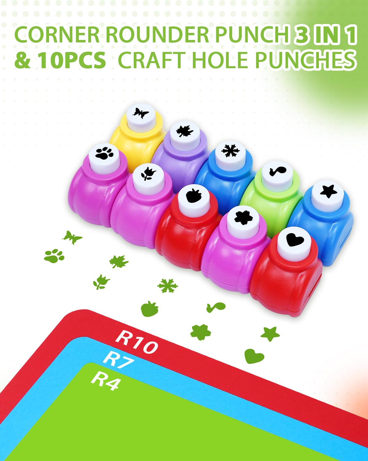 UCEC 3-in-1 Corner Rounder Punch and 10PCS Mini Shape Punches Set, Blue Paper Corner Cutter with 4mm/7mm/10mm Radius, Design Hole Puncher for Scrapbooking, Card Making, Stamp, Teachers and Kids Crafts