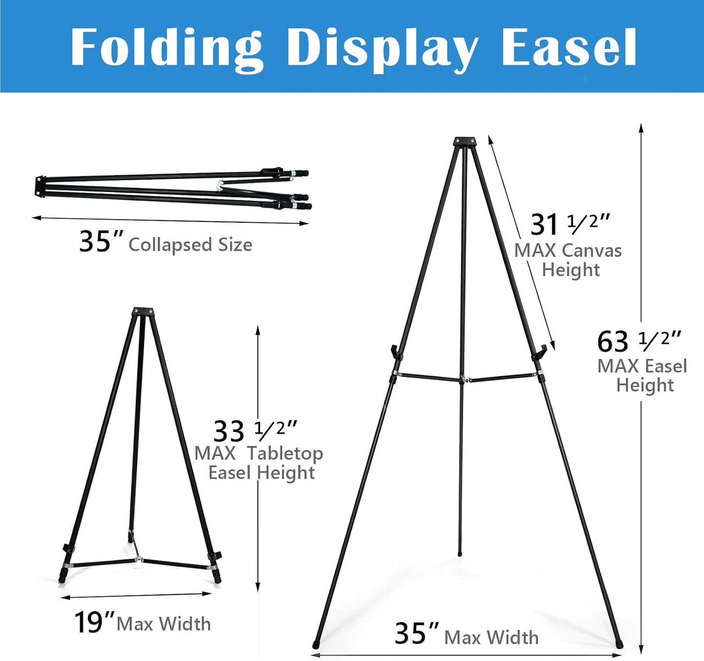 Falling in Art 66" High Black Aluminum Display Easel Stand, Large Adjustable Height Presentation Stand, Portable Tripod Holding Signs, Posters, and Whiteboards Up to 25lbs
