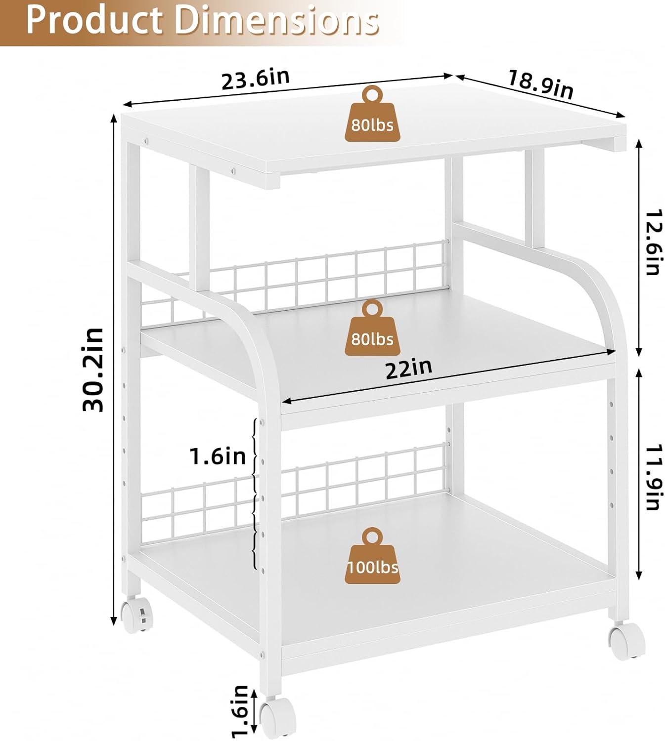 Lerliuo Large Printer Stand with Storage, 23.6"W x 18.9"D x 30.2"H, 5-Adjustable Shelf Heights Mobile 3 Tier Table with Lockable Wheels, Industrial Rolling Printer Cart, White Stands for Home Office