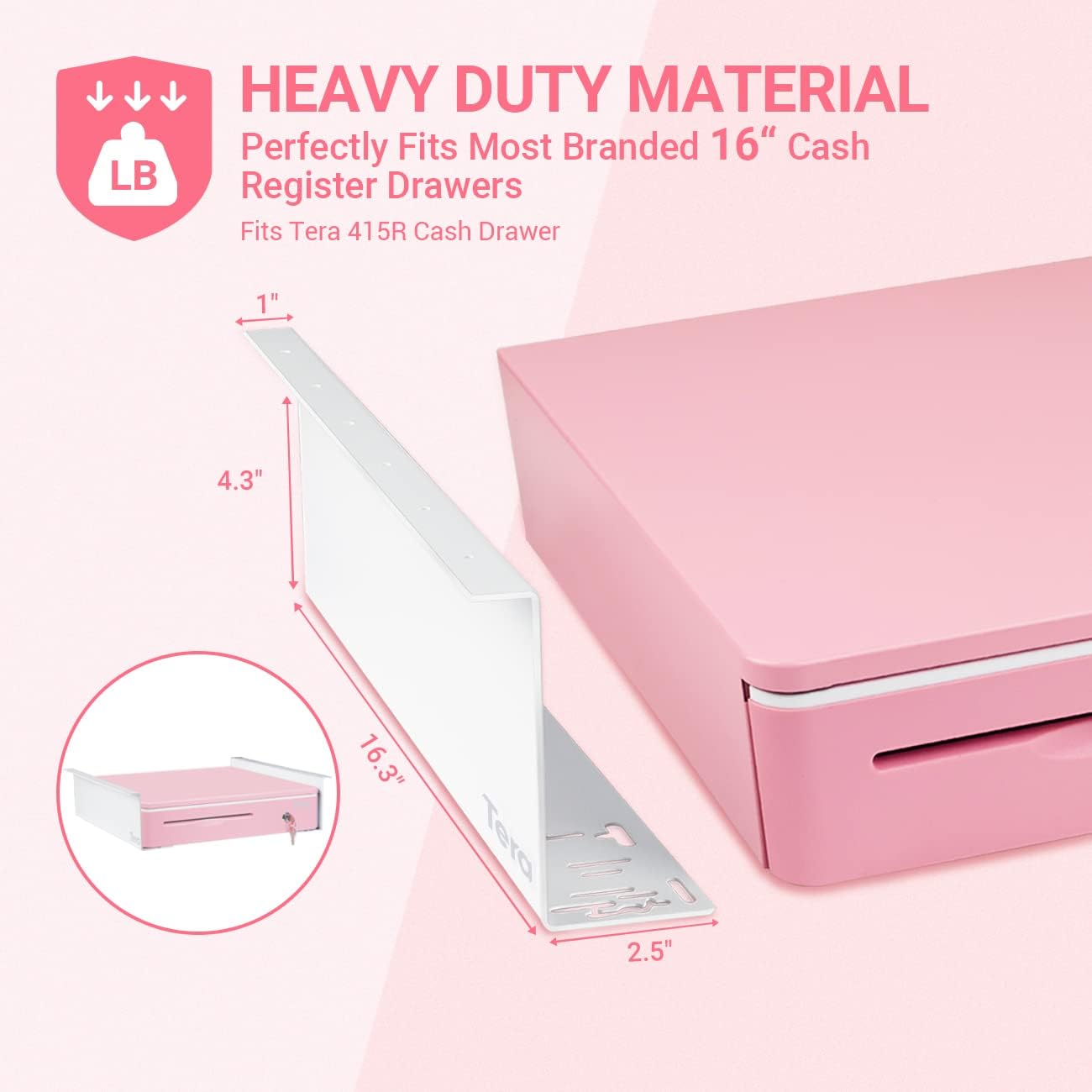 Tera 16" Auto Open Cash Register Drawer with Universal Under Counter Mounting Metal Brackets (Round Corner) Heavy Duty Insert Tray 5 Bill 8 Coin Removable Cash Tray for POS Small Businesses Store 405R