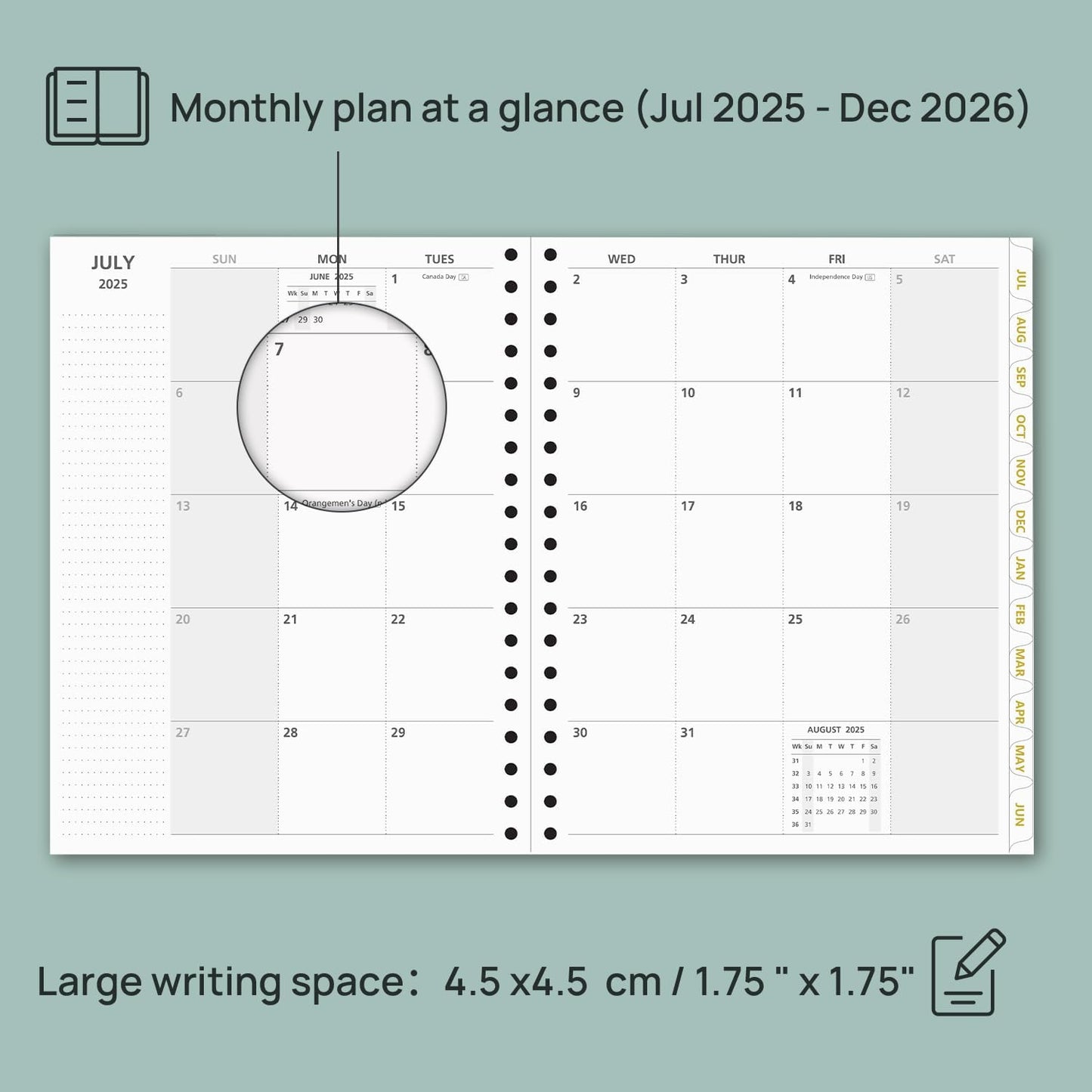 POPRUN Monthly Planner 2025-2026 Spiral Hardcover (8'' x 10''), 18 Months Calendar (Jul.2025 - Dec.2026)- 2 Pages per Month with Dotted Note Pages, Sunday Start, Laminated Tab - Navy Blue