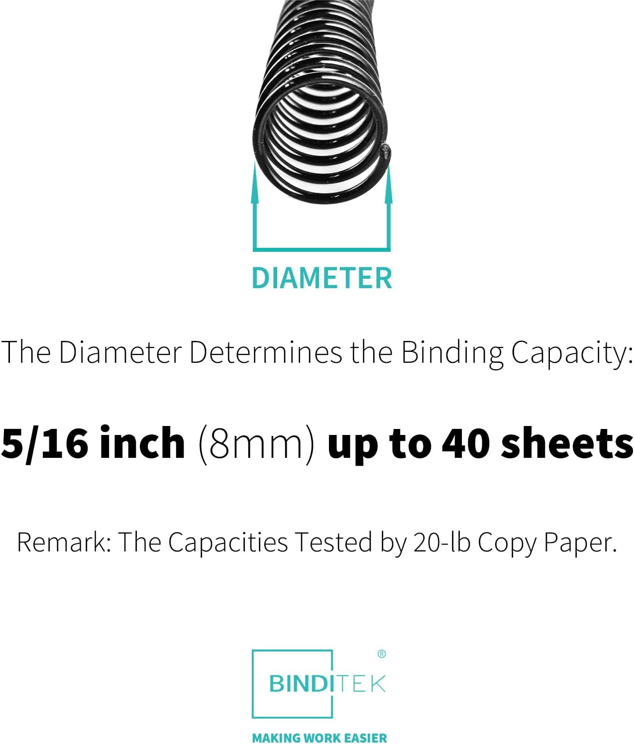 Binditek 100 Pack Plastic Spiral Binding Coils, 8mm(5/16"), 40 Sheet Capacity, 4:1 Pitch, Black, 48Loops, for Letter Size, for Students and Coworkers
