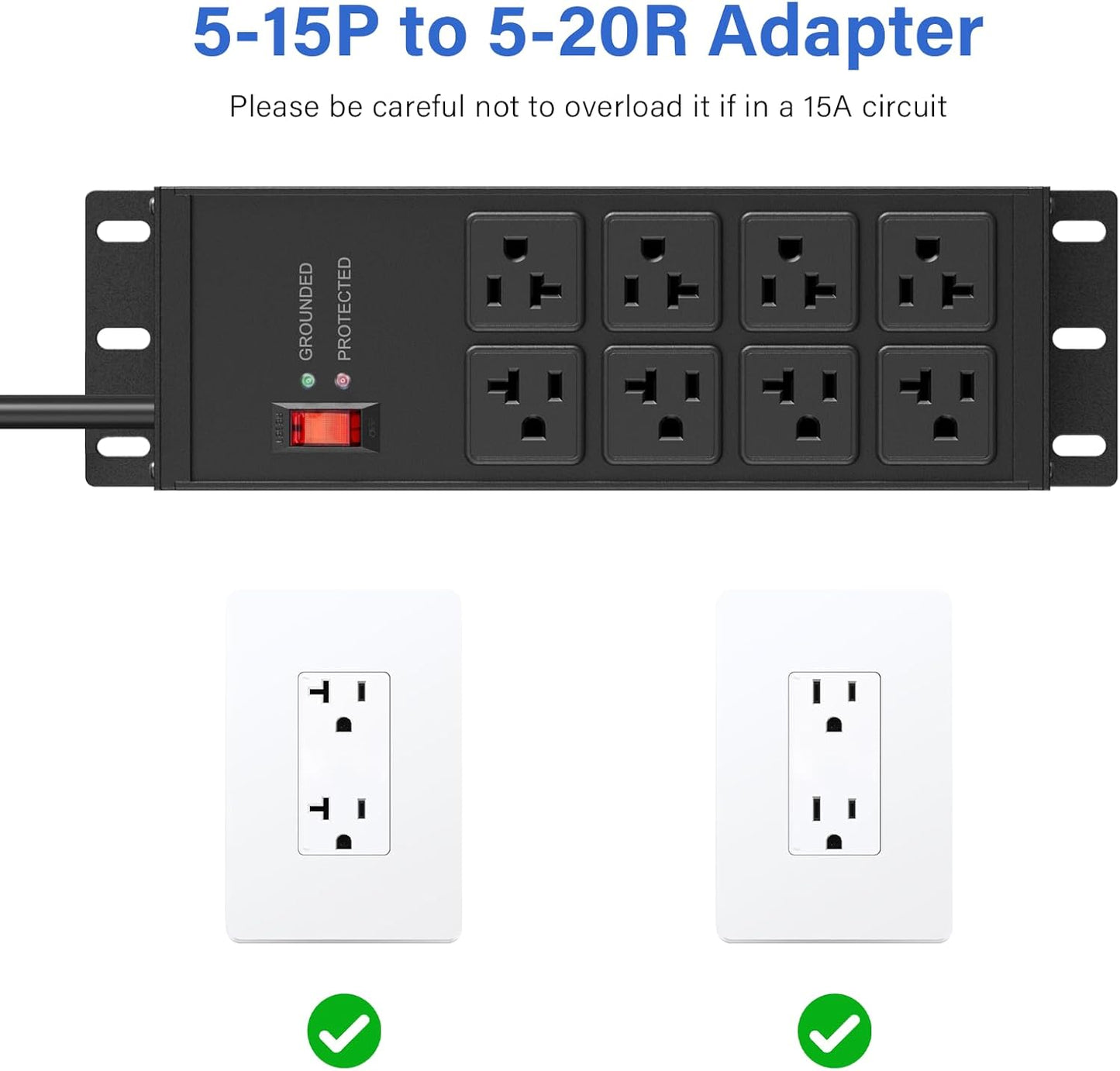 CCCEI Magnetic Heavy Duty Power Strip Surge Protector 20Amp, 12 Gauge High Amp Extension Outlets, Garage Wall Mount 8 Plug Metal Power Strip. 15FT, Black, 5-15P Adapter 6-20R T-Slot 20a for Appliance