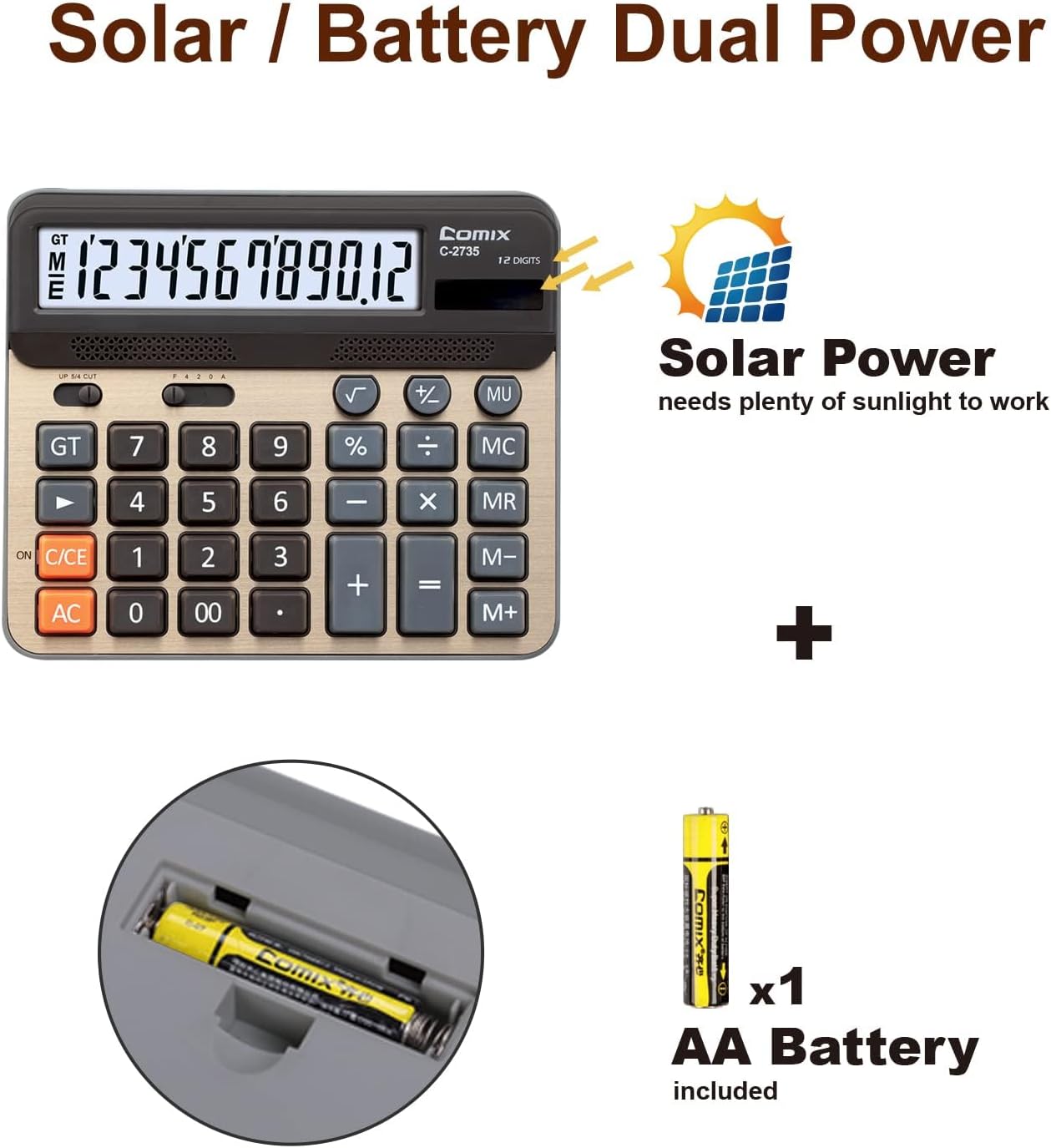 Comix Desktop Calculator, Large Computer Keys, 12 Digits Display, Champaign Gold Color Panel, C-2735, 2-Pack
