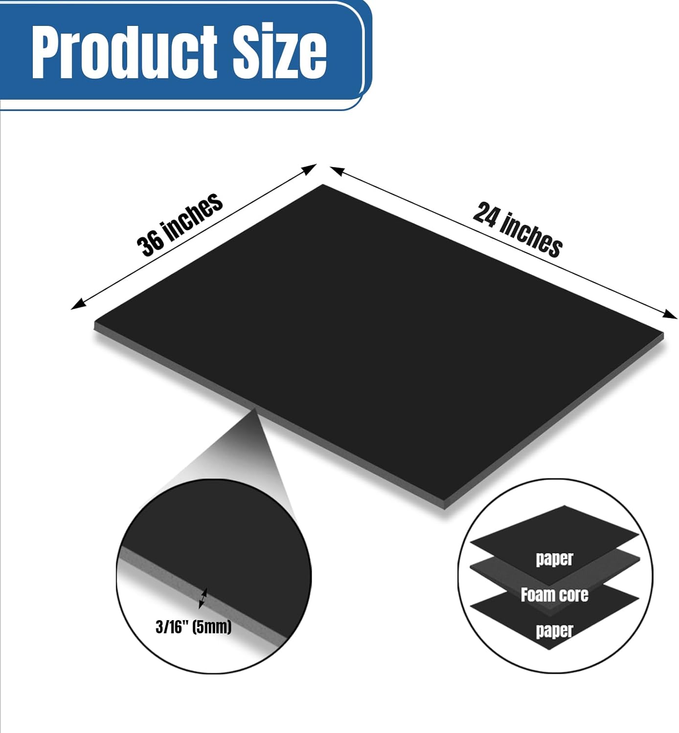 3 Pack Black Foam Board 24x36 3/16 Thick Foam Core Board for Projects Black Poster Board for Painting Displaying and Craft Projects