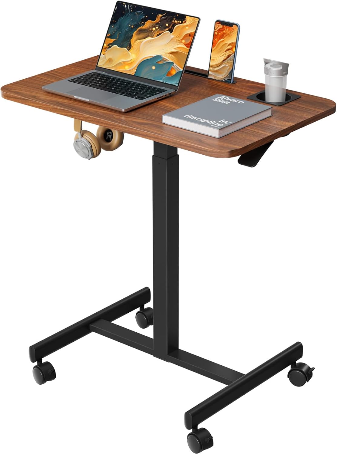 Mobile Standing Desk, Rolling Laptop Cart Adjustable Height with Cup Holder, 28 inch Portable Table with 4 Lockable Wheels, Walnut Computer Workstation with Hook and Slots for Home Office