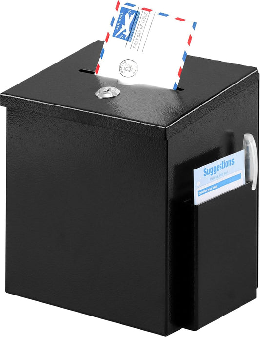 xydled Wall Mounted Ballot & Donation Box with 50 Suggestion Cards, Metal Suggestion Box with Key Lock, Collection Box, Black, 8.7"x 5.9"x7.1"