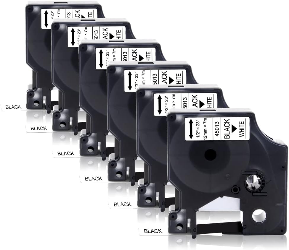 6-Pack 45013 Tape Compatible with Dymo 160 Label Maker Refill 1/2 Inch Black on White D1 Label Tape 45013 a45013 45013s S0720530 for LabelManager 280 160 420P 220P 210D 360D 450D, 23 Feet