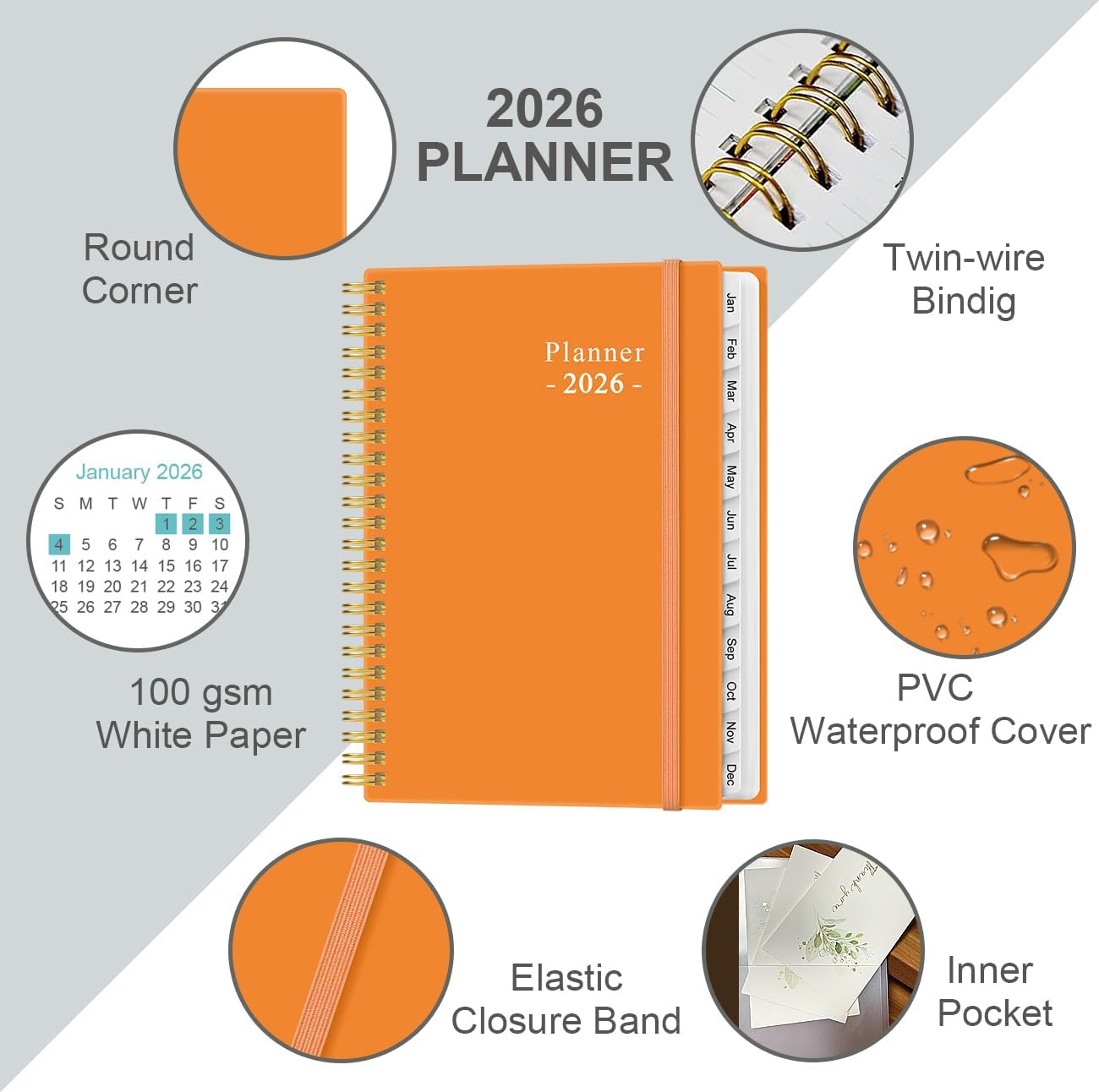 2026 Planner - Planner 2026 from January 2026 - December 2026, Weekly & Monthly Planner Spiral Bound with 12 Monthly Tabs, Inner Pocket, 6.4" x 8.5", Orange-E