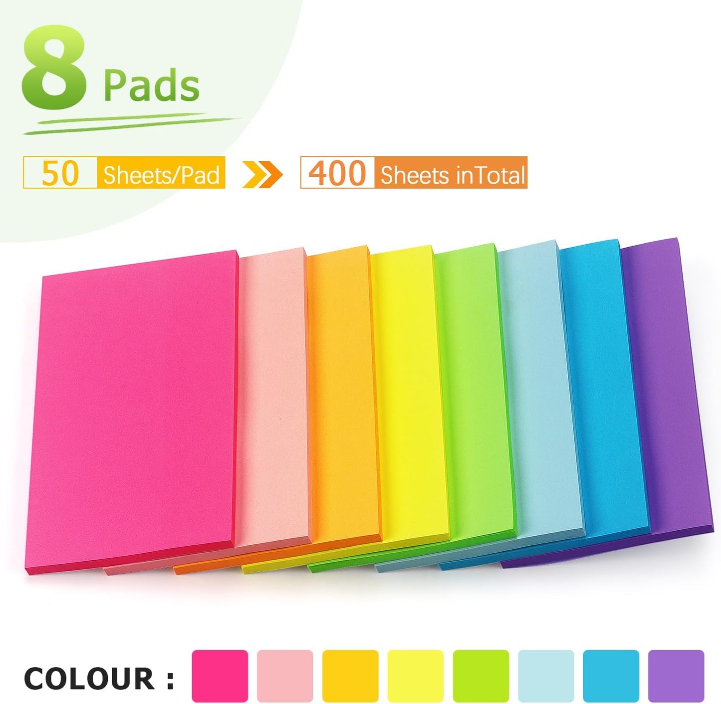 Winner Aura Sticky Notes 3x5 inch Bright Colors Self-Stick Pads 8 Packs 400 Sheets