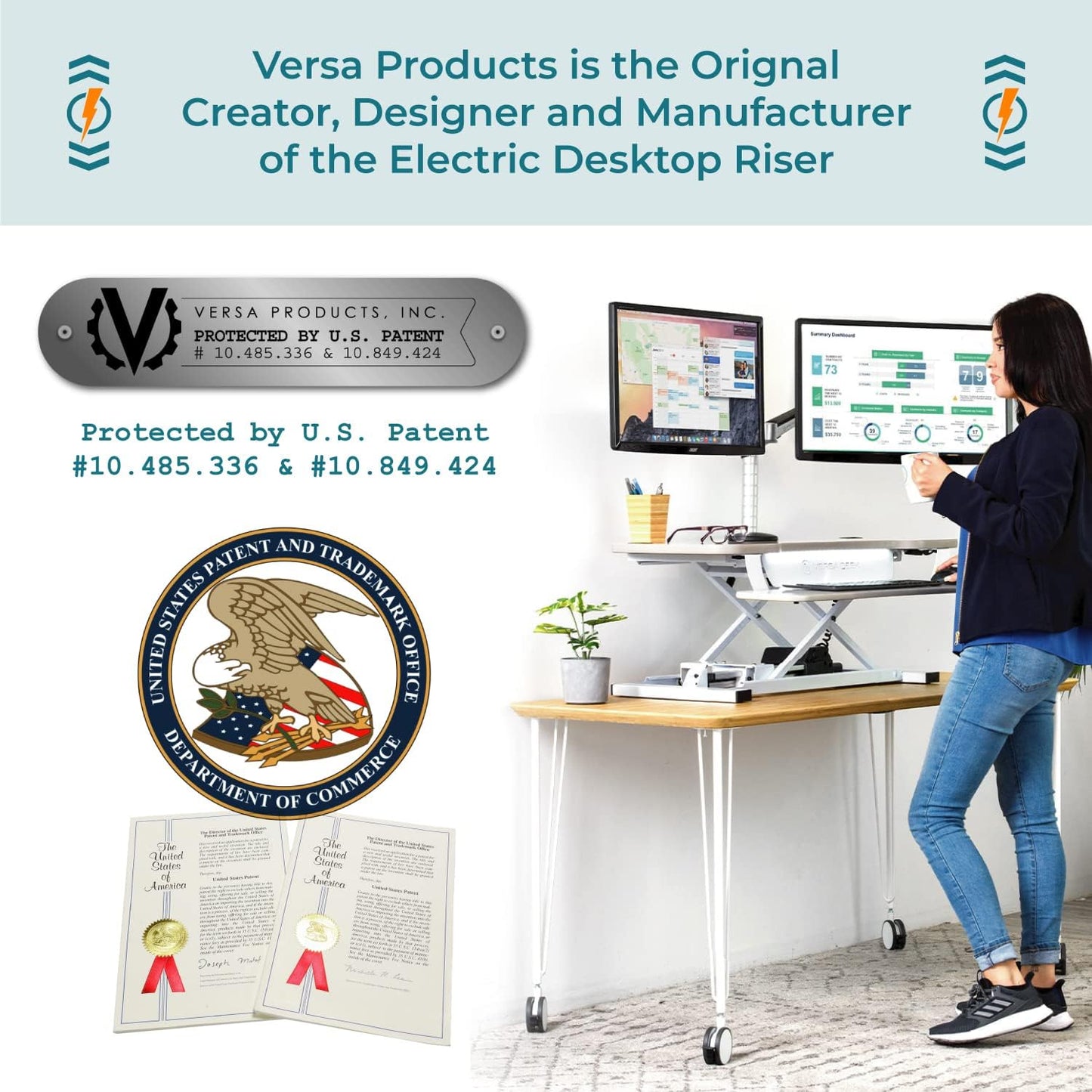 VERSADESK® Electric Standing Desk Converter, 40 Inch Large PowerPro™ Height Adjustable Sit to Stand Desk Riser with Keyboard Tray, Built-in USB Charging Outlet, Ergonomic Workstation, White