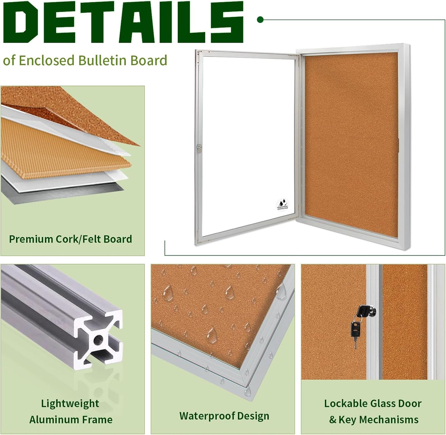 Lockable Outdoor Enclosed Bulletin Board, Weatherproof Cork Noticeboard with Locking Door, Wall-Mounted Aluminum Framed Display Case for Messages,36x24in (5xA4)