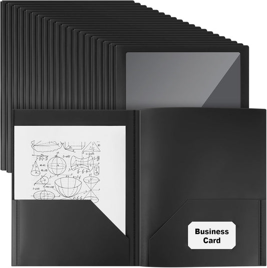 Teling 48 Pcs Plastic Folders with Front Clear Pocket and Business Card Holder 2 Pocket Folders Letter Size Paper for School Office Supplies Nice Gift for Christmas New Year School Supply (Black)