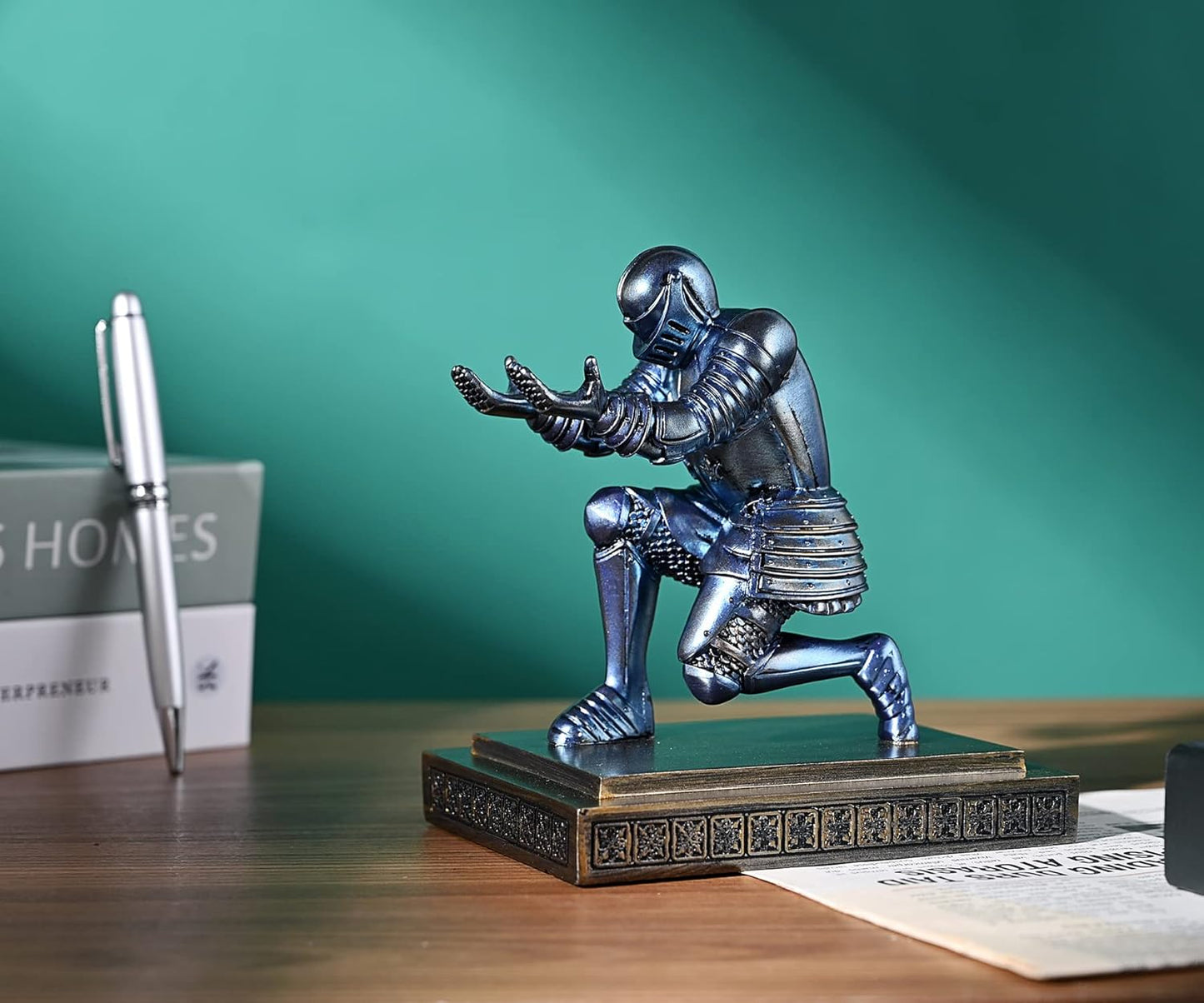 Knight Pen Holder Pen Stand Desk Organizers and Accessories Resin Pencil Holder as Gift with a Fancy Pen for Office and Home Desk Organizer (Blue)