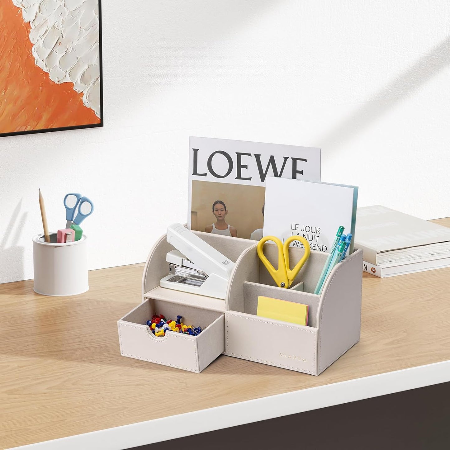 Vlando Office Supplies Desk Organizer Caddy, PU Leather Office Organization and Storage,Desktop Hanging File Letter Document Storage Holder with Drawer Beige