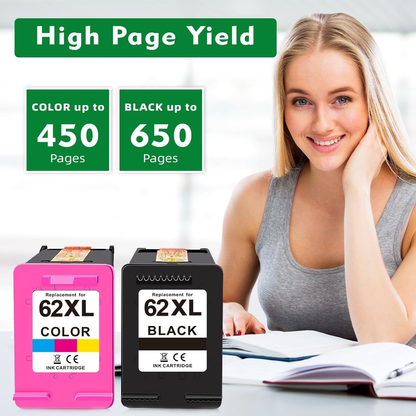 Replacement for HP 62xl Ink Cartridge Combo Pack - High Yield Ink Cartridges Compatible for hp Ink 62, Envy 5540 7640 7645 5660 OfficeJet 200 250 5740 Ink, Black, Tri-Color, 2 Pack