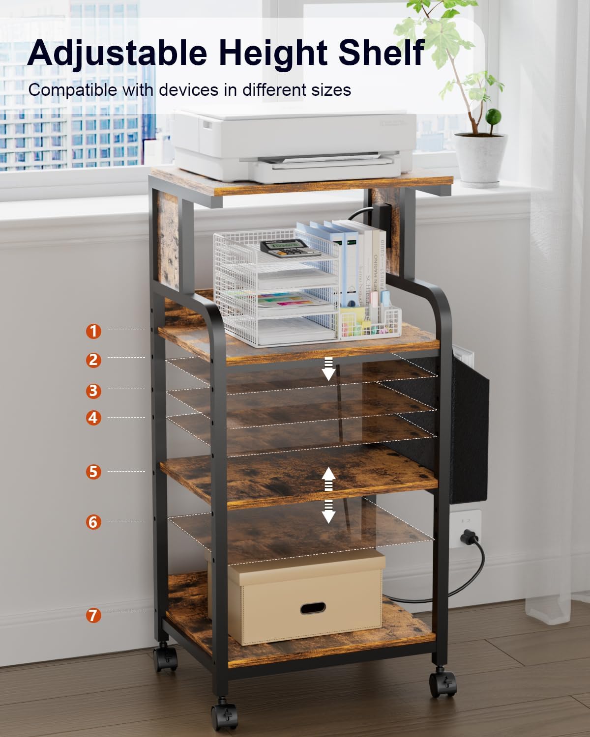 Tall Printer Stand with Storage Adjustable Shelf and Bag, 4-Tier Large Printer Table with Charging Station for Home Office, Printers Cart with Wheels for 3D Shredder Scanner Fax