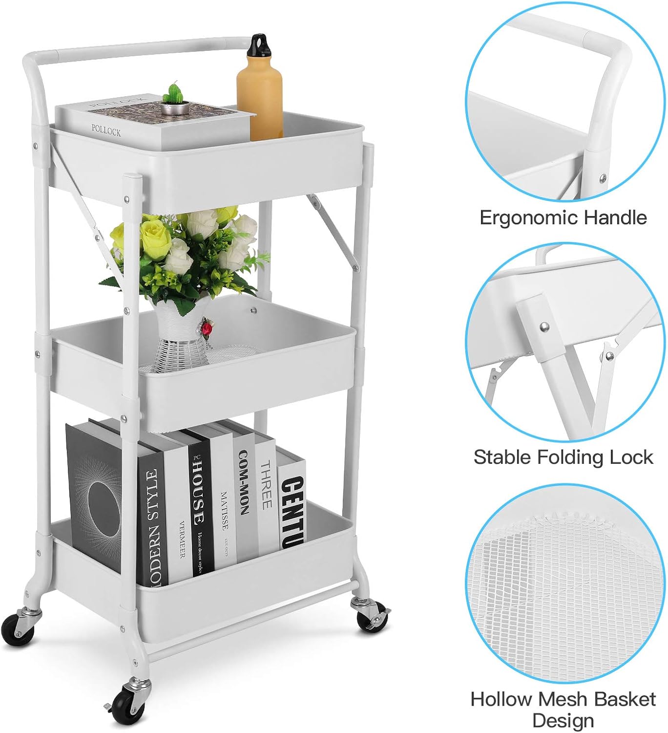 Foldable 3 Tier Metal Utility Rolling Cart, Folding Mobile Multi-Function Storage Trolley Organizer Cart for Home Library Office(White)