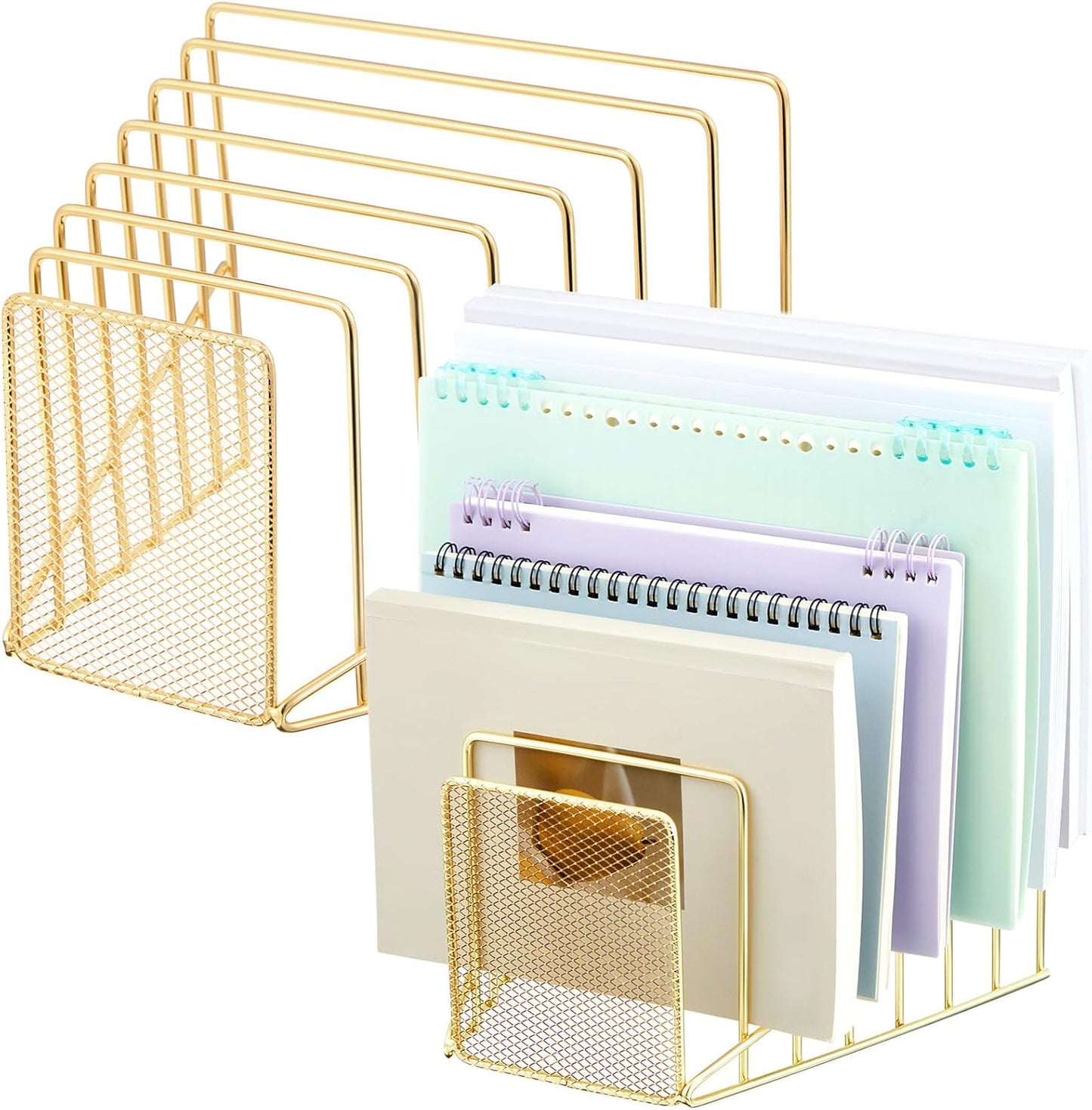 2 Pcs 7 Slot Incline File Sorter Metal Wire Mesh File Racks for Desktop Letter Sorter for Magazine Folder Book Organizer Home Office School Paper Mail Desk Storage Holder(Golden)