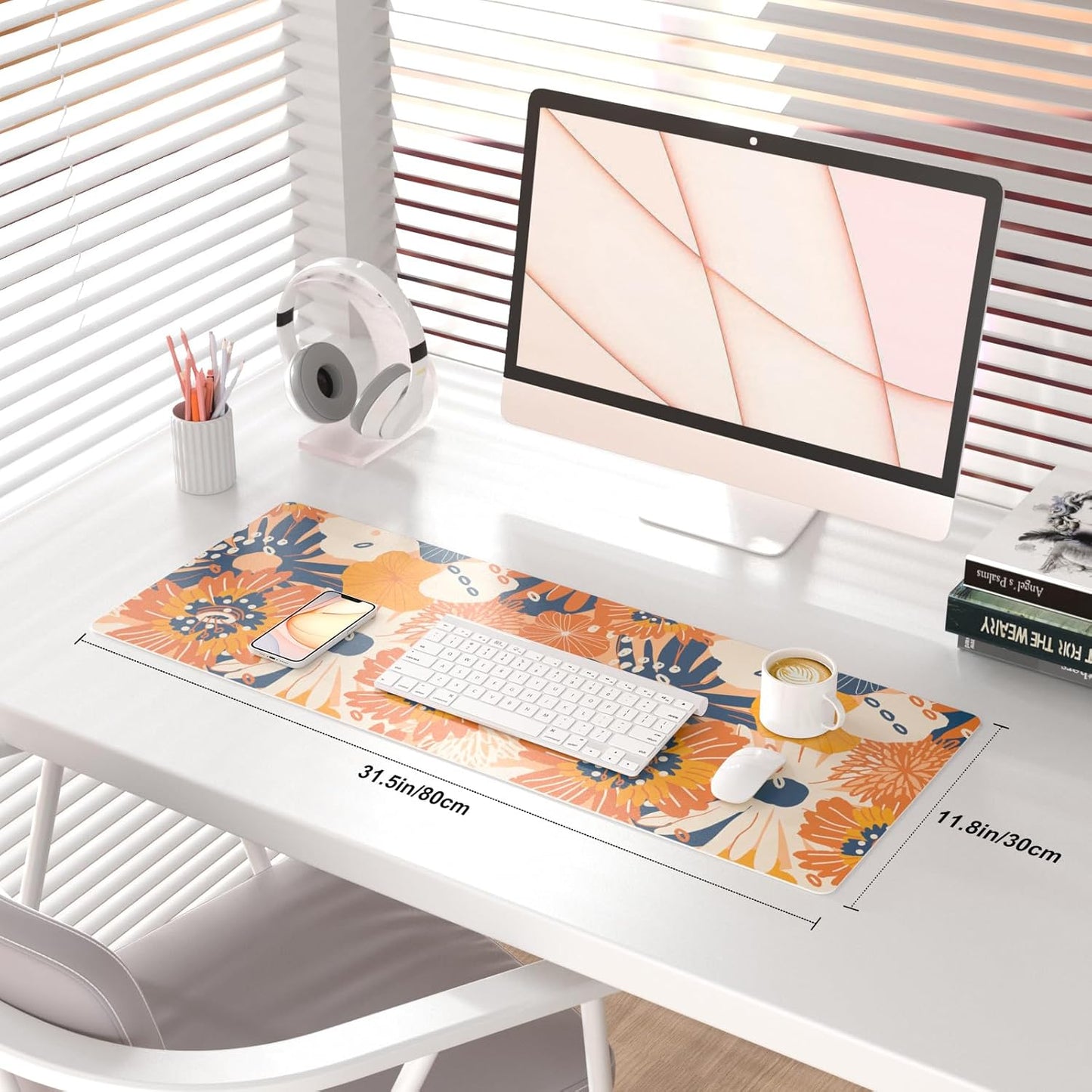 QIYI Large Desk Pad, Floral Mouse Pad Desktop Decor, Waterproof PU Leather Desk Cover Protector, Desk Accessories for Office Home Work Writing Gaming 31.5" x 11.8" - Orange Blue Flowers