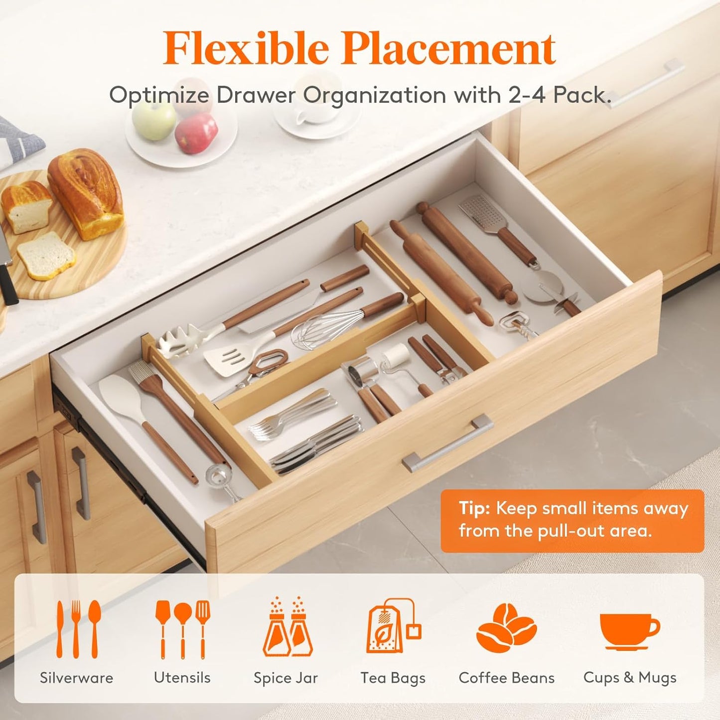 Lifewit 4 Pack Drawer Dividers Bamboo 2.4" High, 12-17" Adjustable Drawer Organizers for Clothes, Wooden Dresser Separators in Bedroom/Bathroom/Kitchen/Fridge/Office Organization and Storage