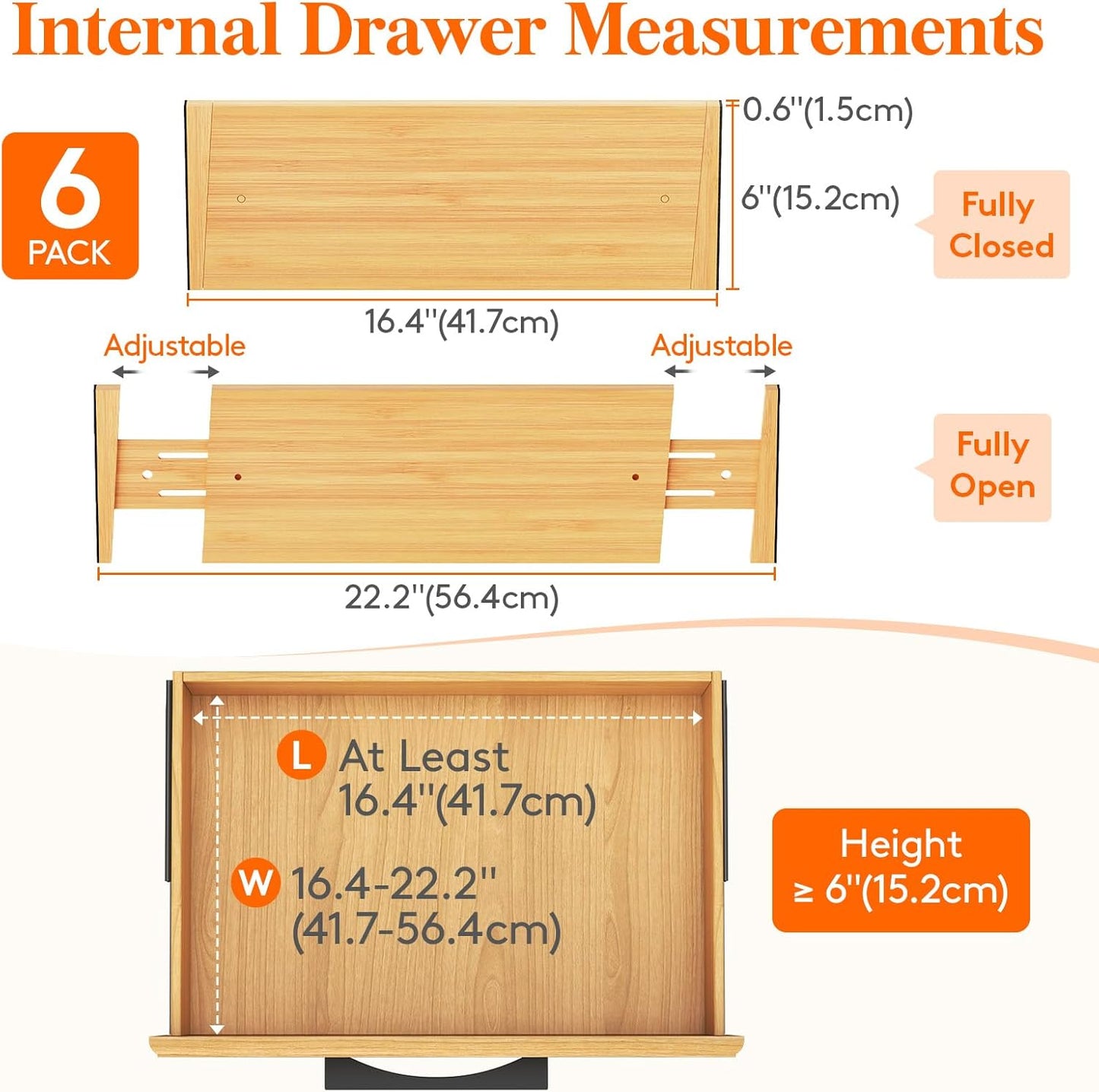 Lifewit 6 Pack Drawer Dividers Bamboo 6" High, 16-22" Adjustable Clothes Drawer Organizers, Expandable Dresser Separators in Bedroom/Bathroom/Kitchen/Office Organization and Storage