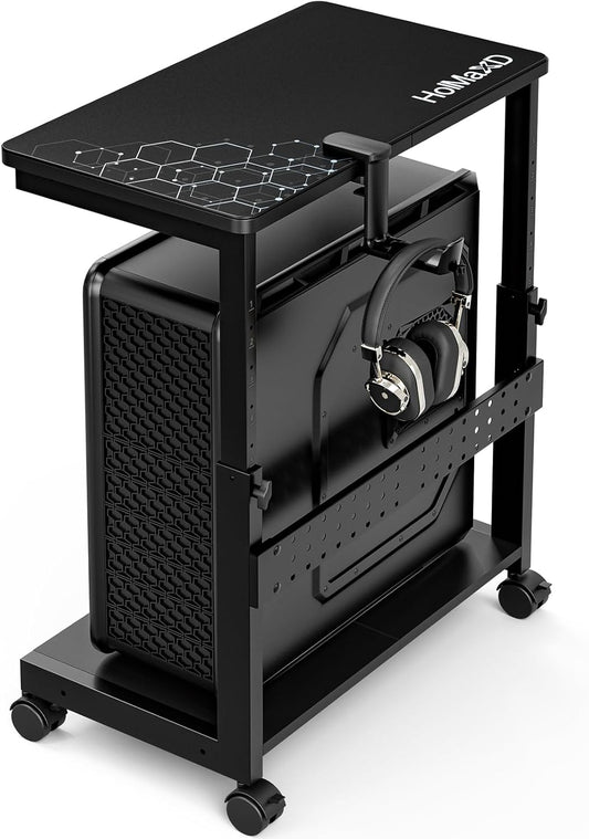 Height Adjustable Computer Tower Stand, 2-Tier ATX-Case CPU Holder with Mouse Pad & Headphone Stand, Mobile PC Standing Under Desk, Home Office Gaming Accessories, Computer Cart Wheels, Black