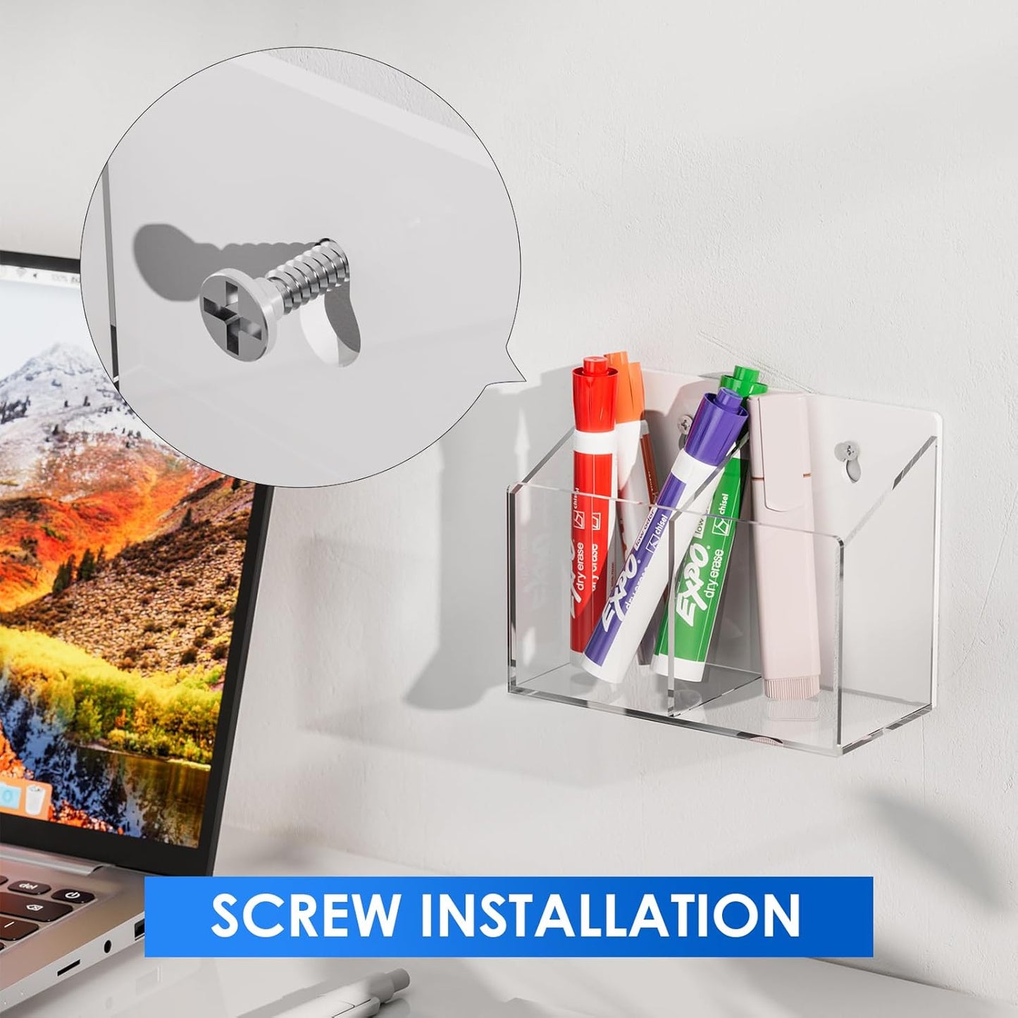 MaxGear Magnetic Marker Holder, Clear Acrylic Pen Organizer with 2 Compartments for Fridge, Locker, Whiteboard & Wall Pencil Cup - Includes Screws for Dry Erase Board Accessories