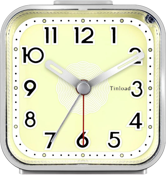 Small Analog Alarm Clock Silent Non Ticking, Ascending Beep Sounds, Snooze,Glow in Dark dial, Manual Light, Battery Operated(Silver)