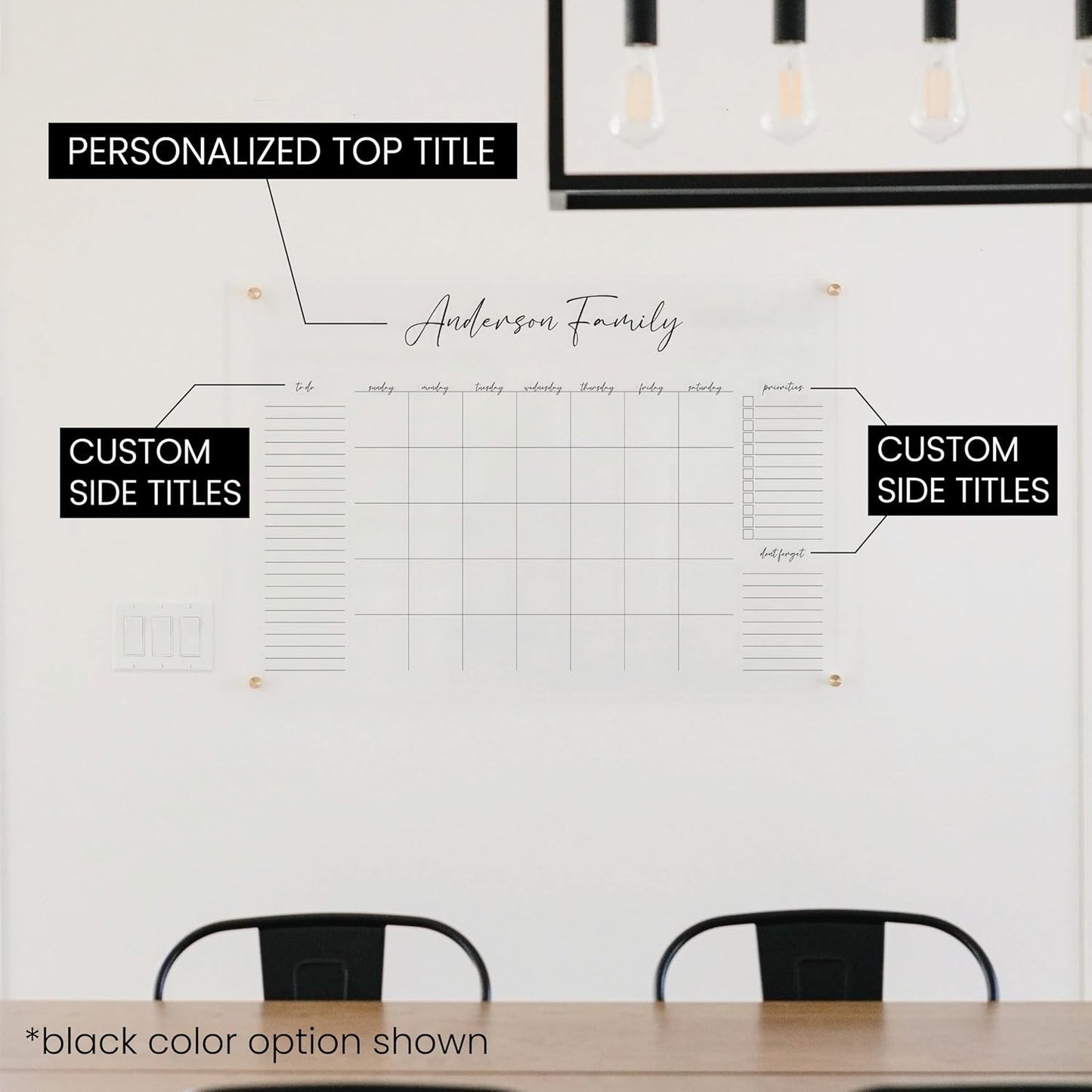 Personalized Clear Acrylic Calendar for Wall, Calendar Whiteboard for Wall, Dry Erase Wall Calendar, Wall Calendar Organizer System for Home (Cursive, Black, 47.5"W x 36"H)