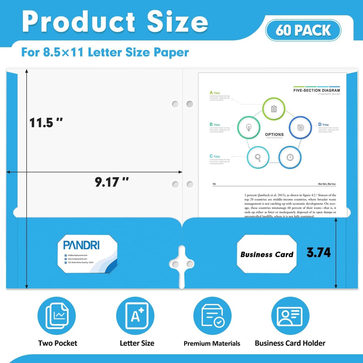 Two Pocket Portfolio Folders, PANDRI 60 Pack 3 Hole Punched 2 Pocket Folders for 3 Ring Binder, Letter Size Paper File Folder for School Office Home Business, Lightblue
