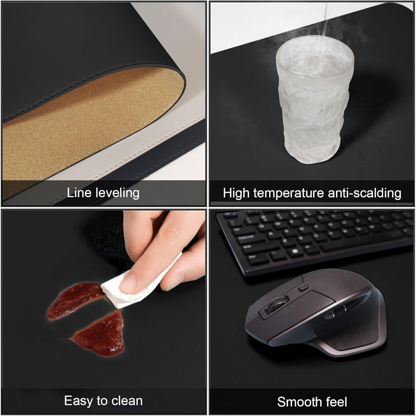 DAWNTREES Dual Sided Desk Mat,Leather Desk Pad,Black 35.5"x17",Cork Desk Mat Protector,with PU Leather Valet Tray Organizer,Large Mouse Pad,Desk Writing Pad for Office and Home