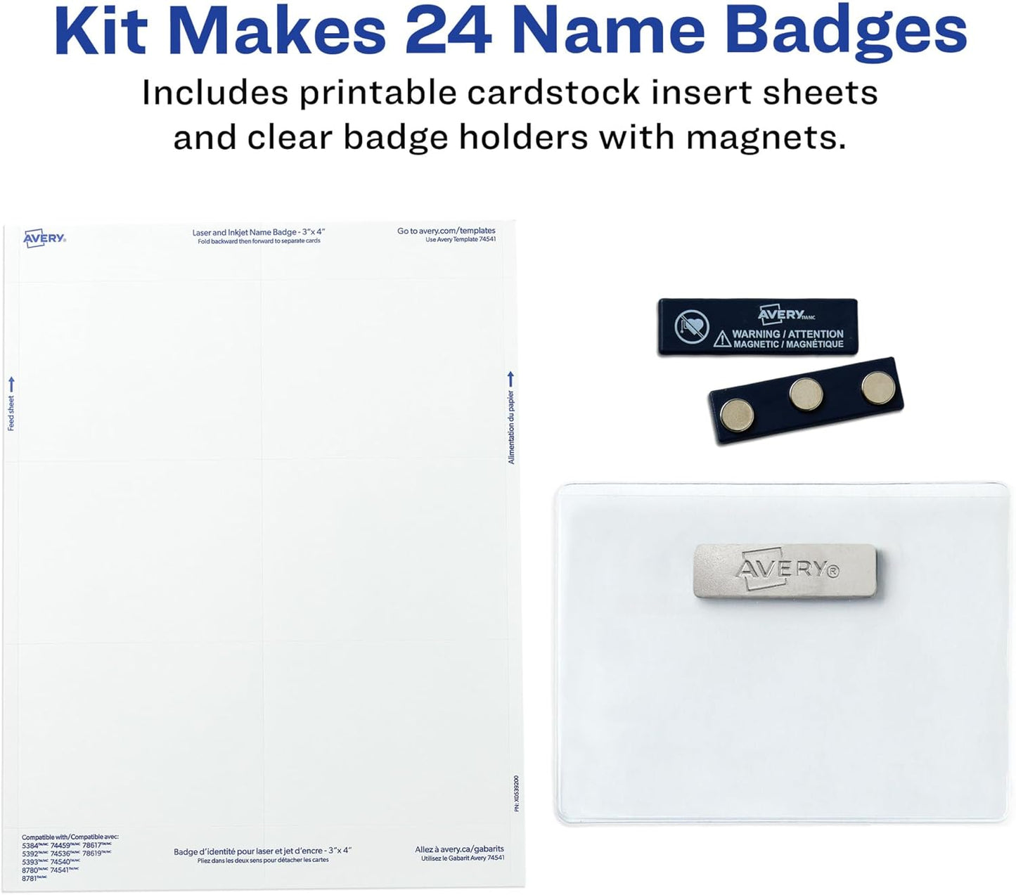 Avery Customizable Name Badges, Magnet Style, 3" x 4", Clear Name Tag Holders, White Laser/Inkjet Printable Inserts, 24 Total (8780)