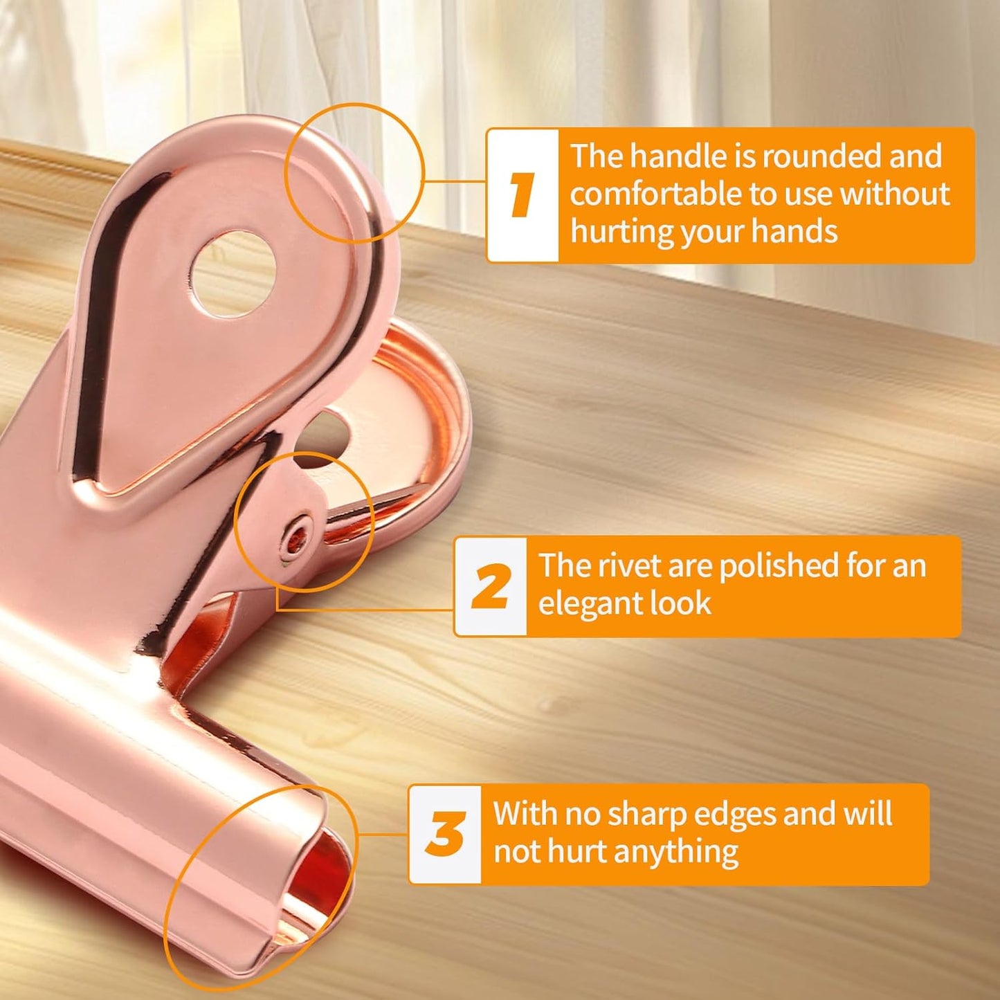 SIAMESE Bulldog Clips, 4 Pcs Binder Clips for Office & Kitchen, Multi-Purpose Binder and Food Bag Clamps for Sealing, Storage, Hanging (Rose Gold)