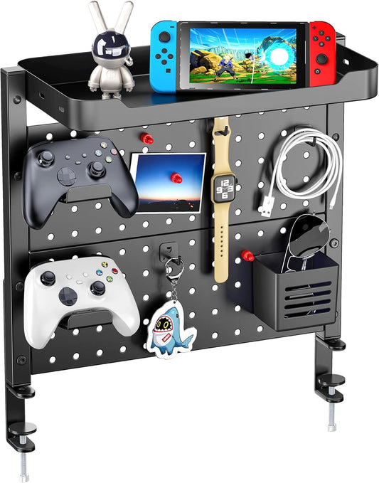 ARES WING Desk Clamp On Pegboard with 16 inches Organizer Shelf, Adjustable Above or Under Desk Storage Shelf Holds 44 lbs, Magnetic Metal Peg Board for Office and Gaming Accessories, Black