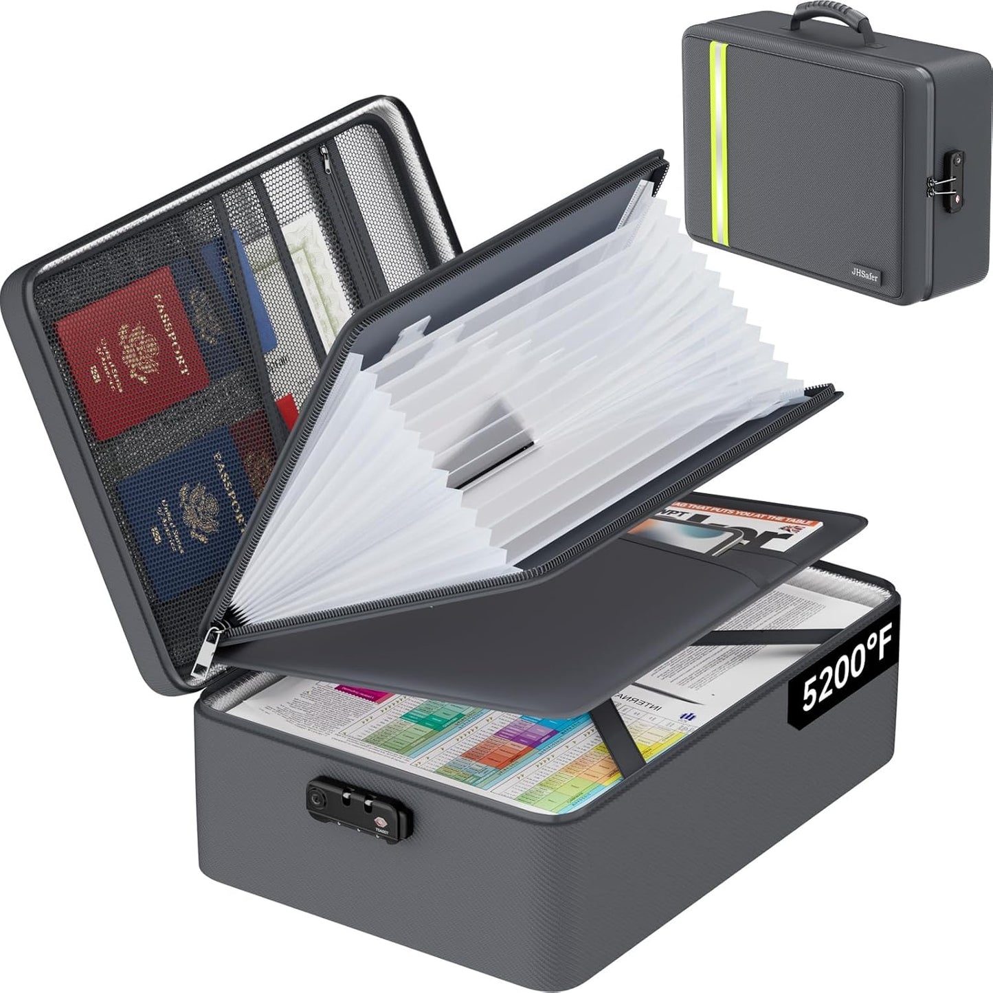 5200℉ Fireproof Document Bag, Insulated Document Box with Lock, Important Document Organizer with Waterproof Zipper, Portable Soft Home Travel Office Safe Storage with 13 Accordion File Folder,Gray