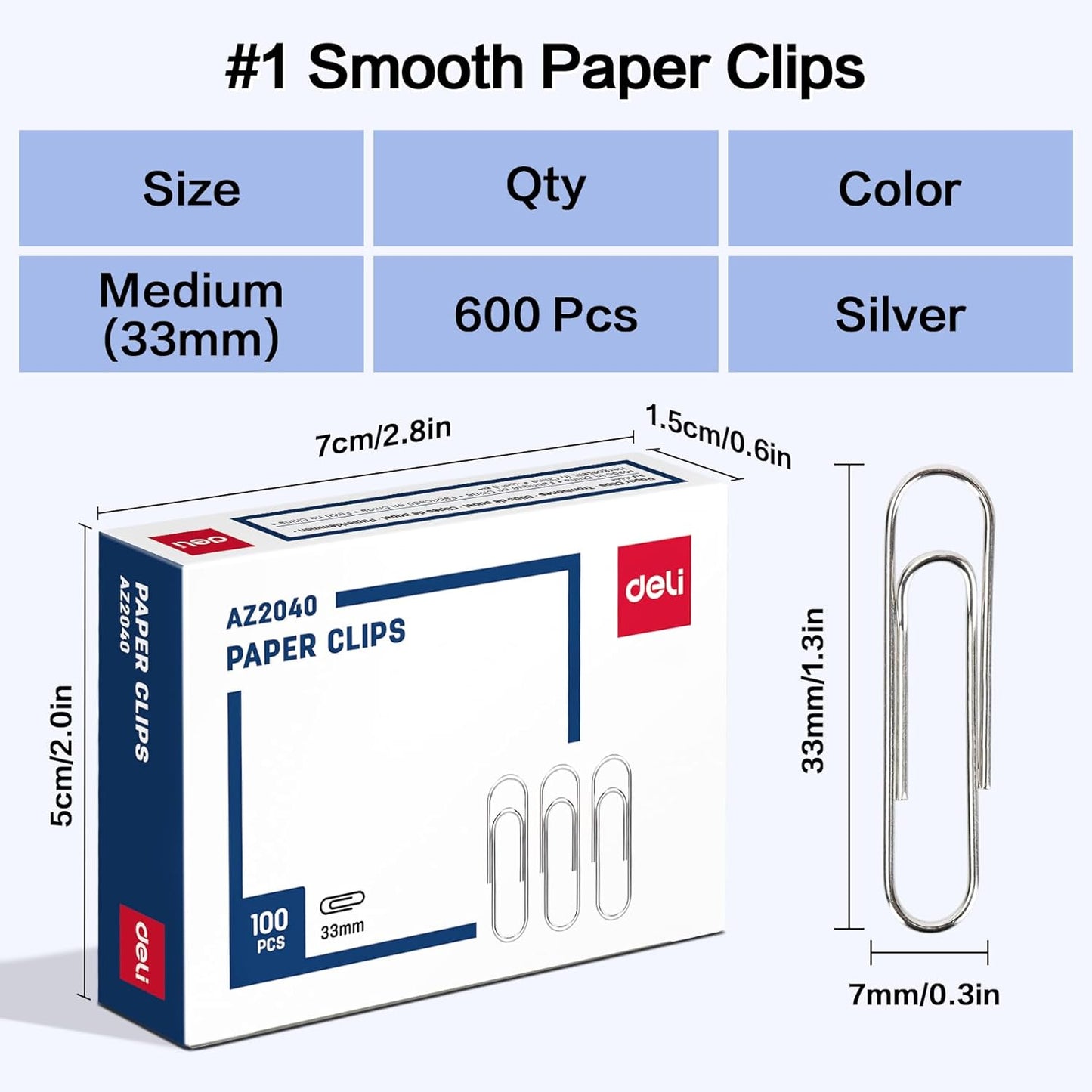 Deli #1 Smooth Paper Clips, 600 Medium Paper Clips, 6 Boxes of 100 Each, Silver