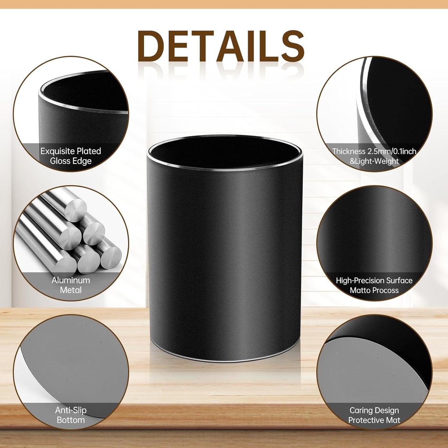 Leader Gifts,Metal Pen Holder Aluminum Pencil Holder for desk,Round Desktop Organizer and Black Pencil Cup for Office, School, Home and Stationary Supplies