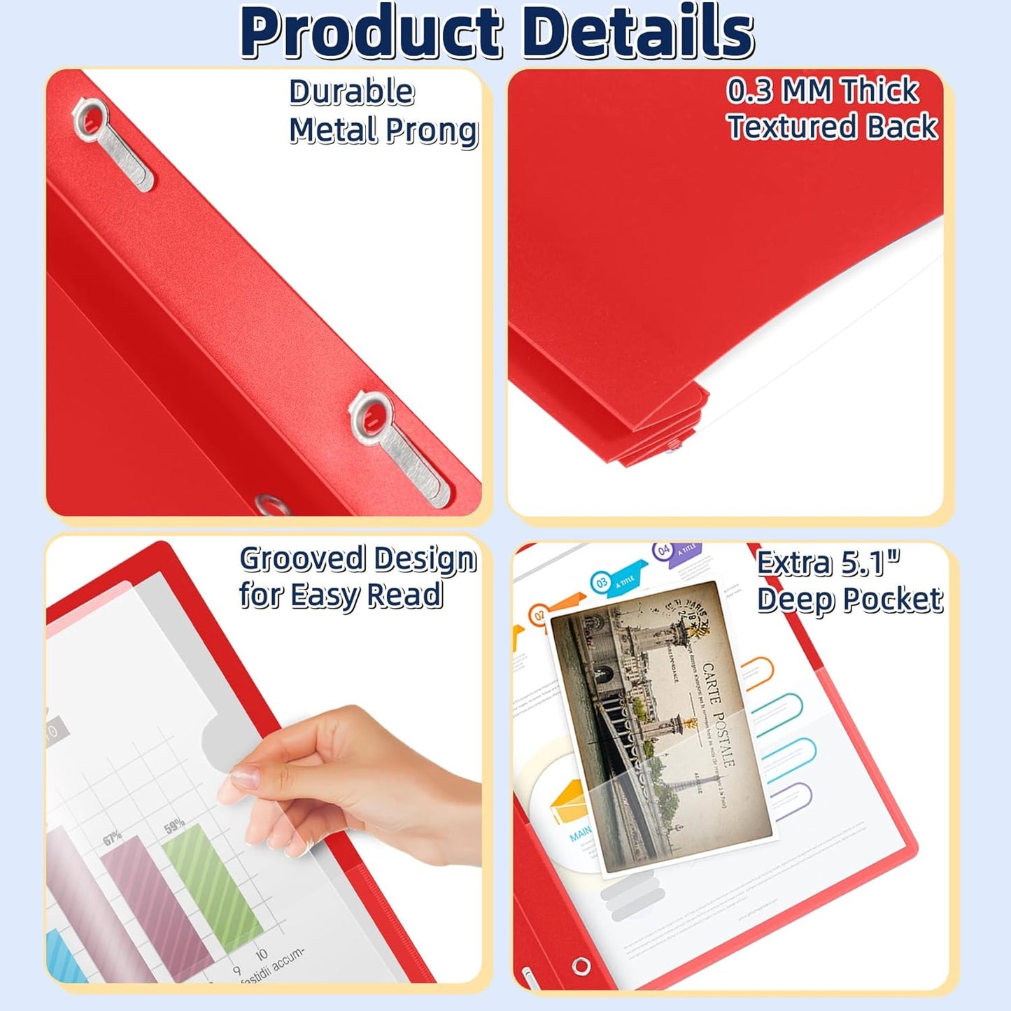 HAUTOCO 5 Pack Plastic Report Covers with 3-Prong Fasteners Clear Front Presentation Folders Resume Folders for 8.5x11 Letter Size Paper, Document Report Cover for School Office Business, Red