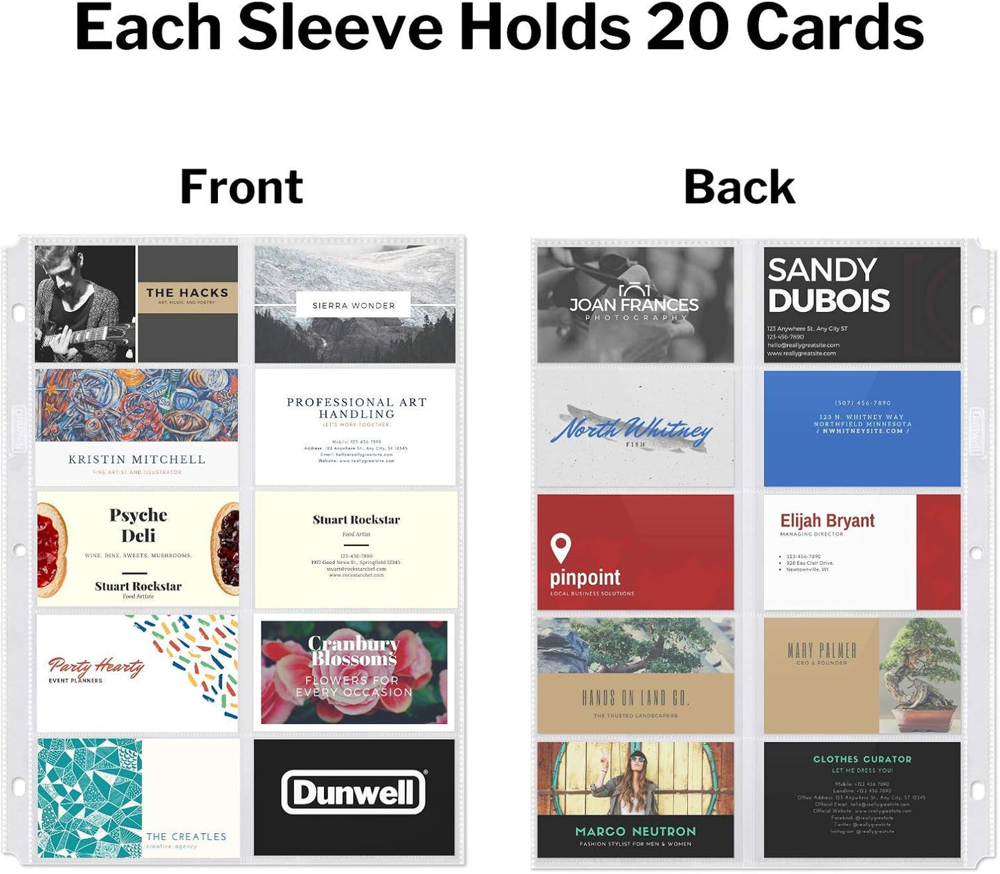 Dunwell Business Card Holder Sleeves (50 Pack for 1000 Cards), Heavyweight Plastic Sheet Protect, Each Sleeve Holds 20 2x3.5 Namecards, 3-Hole Punched, Fits 3-Ring Binders