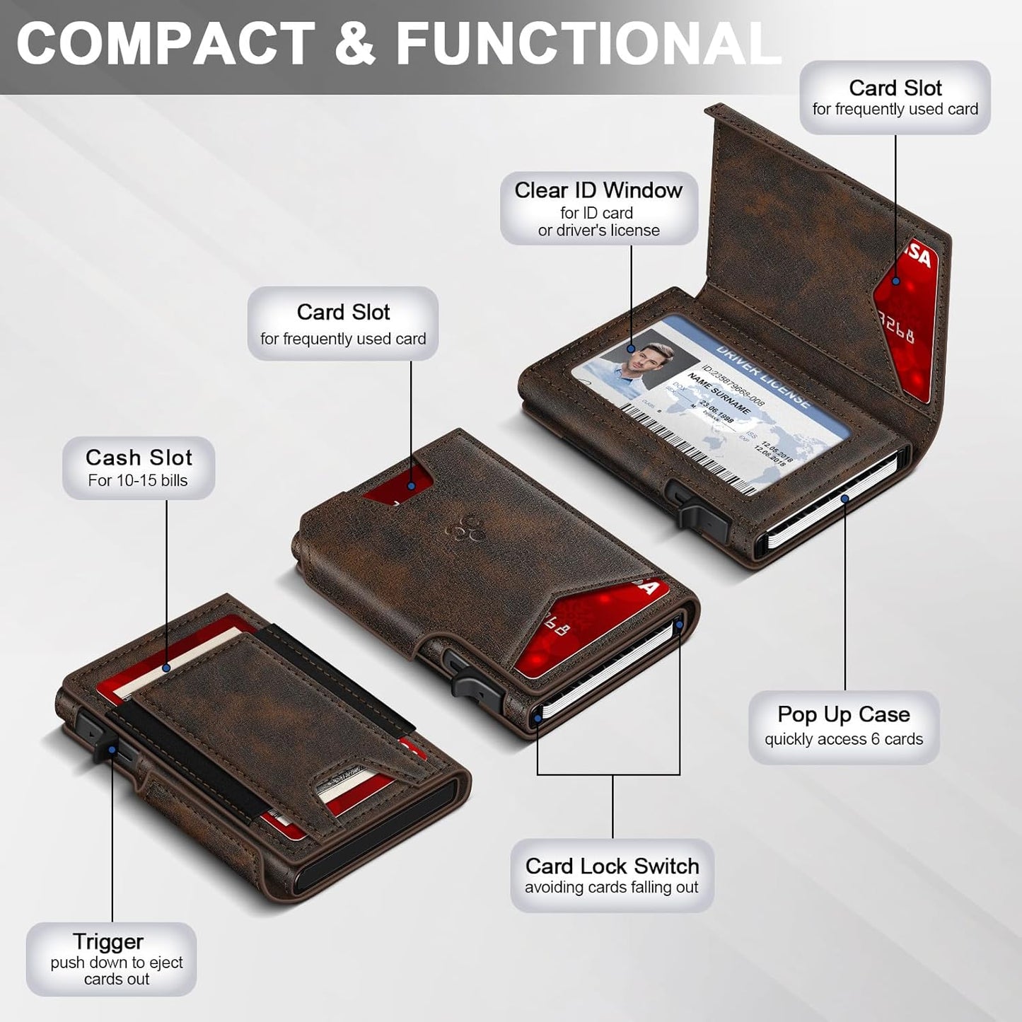 Wallet for Men Wallet with Slim Pop Up Card Holder 9-13 Cards, Bifold Minimalist Smart Wallet RFID Blocking Credit Card Holder with ID Window & Stretchable Cash Slot Compact Metal Aluminum Card Case