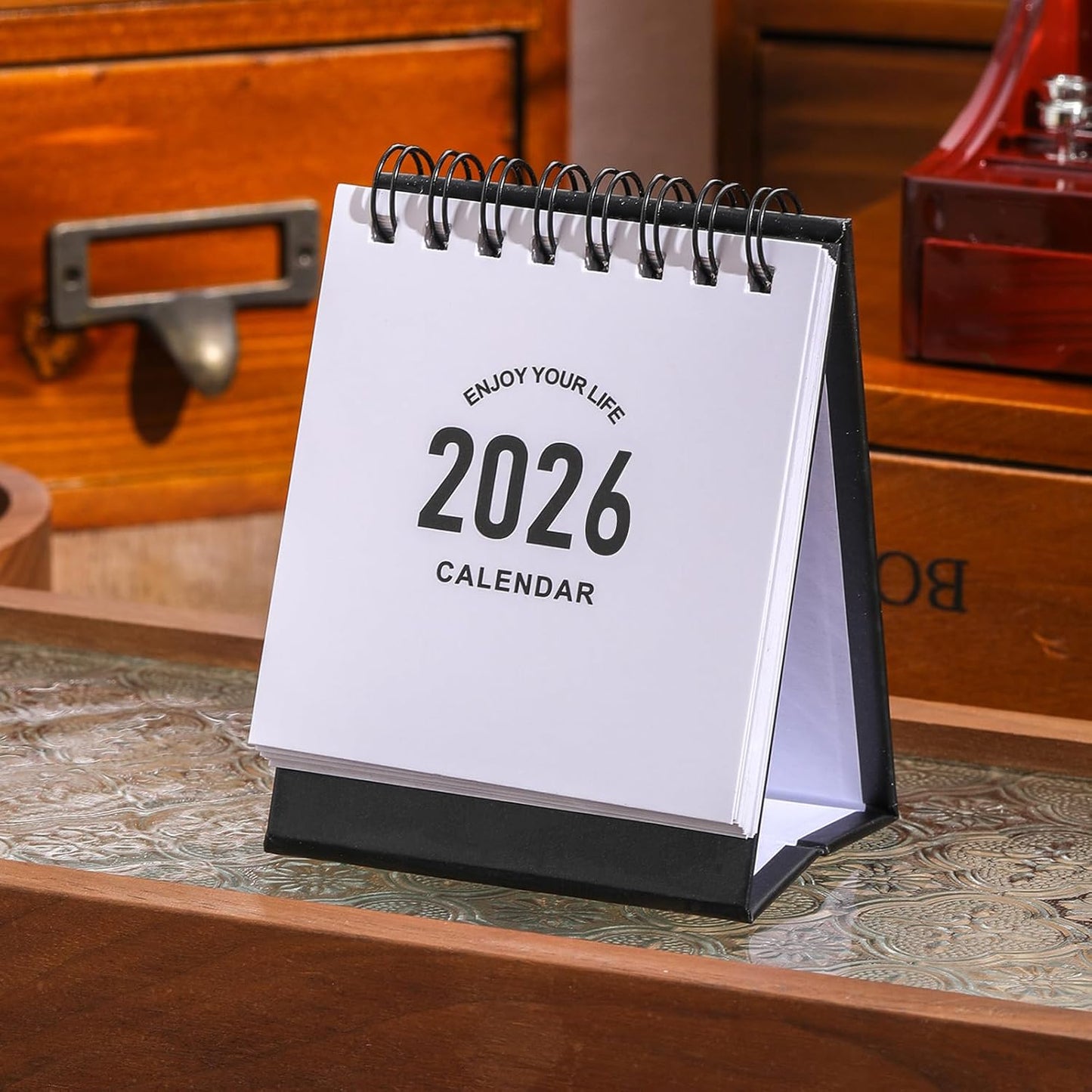 Mini Desk Calendar 2025- Small Desktop Calendar July 2025 to Dec 2026 Mini Daily Schedule Thick Paper Twin-Wire Binding with Stickers for Home Office School (Black-white)