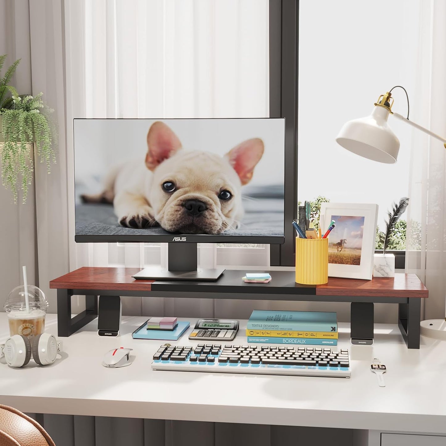 Dual Monitor Stand Riser, 39Inch Large Monitor Stands for 2 Monitors, Computer Monitor Stand, Wooden Desktop Oraganizer Shelf for Office Desk Computer,Laptop,TV