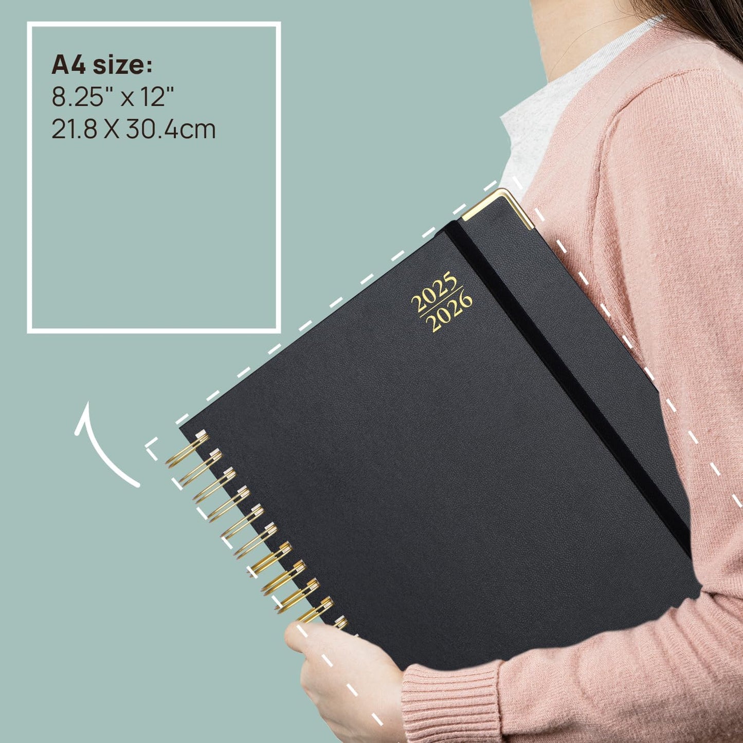 POPRUN Academic Daily Planner 2025-2026 One Page A Day - [A4 Large Size 8.25" x 12" - Spiral Hard Cover], Appointment Book (July 2025 - June 2026) with Monthly Calendar - Black