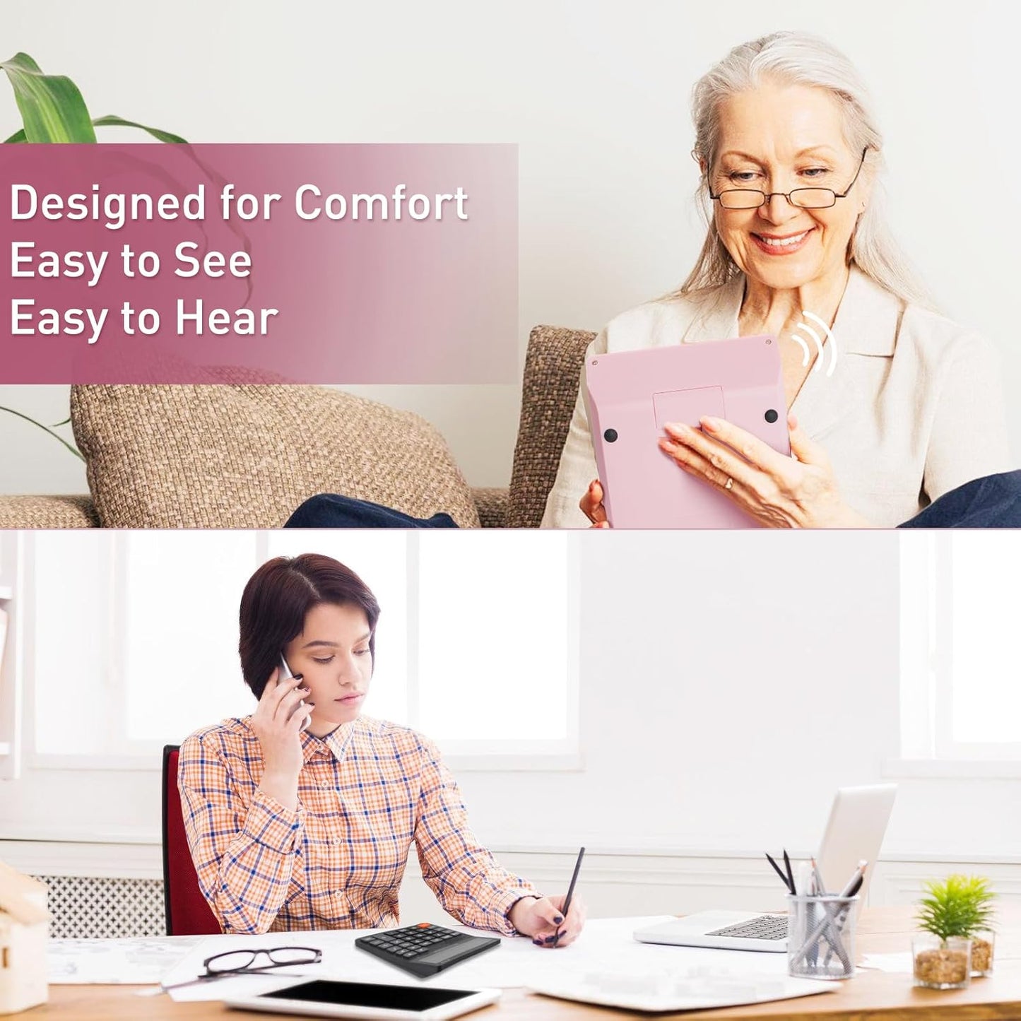 Calculators Desktop, Desk Calculator with Large 2 Line Display, Talking Basic Calculator with big Button & Adjustable Volume, 4 Function Calculators for Business, Students,School Office Supplies(Pink)