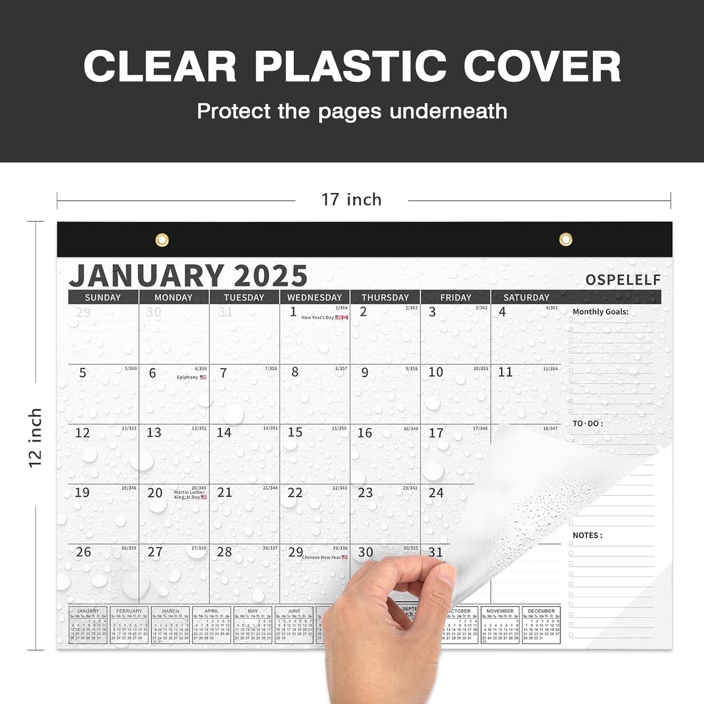 Ospelelf Magnetic Calendar 2025-2026 for Refrigerator, Desk Wall Calendar, January 2025 to June 2026, Monthly Large Planner Pad with Plastic Cover 17" X 12" Black