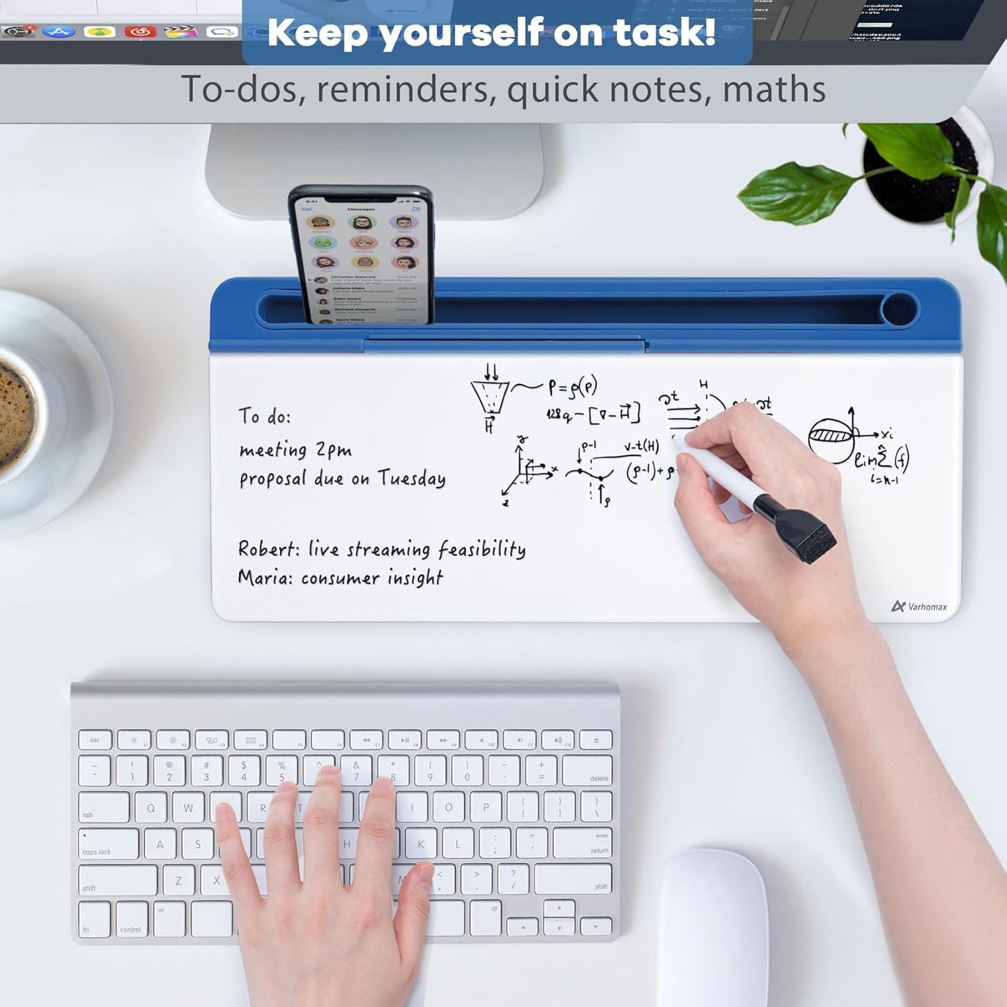 Varhomax Glass Desk Whiteboard with Storage, Desktop Organizer Dry Erase White Board to-do List Memo for Home Office and School Supplies (Blue)